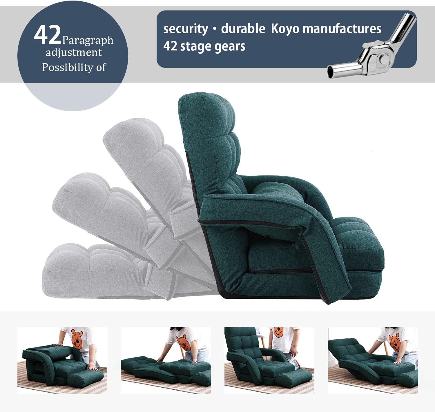 14-Position Adjustable Floor Chair, Chaise Lounge Indoor, Folding Lazy Sofa with Armrests and a Pillow Padded Adults Gaming Chairs for Living Room, Bedroom Factory Price (Green) 8803GN