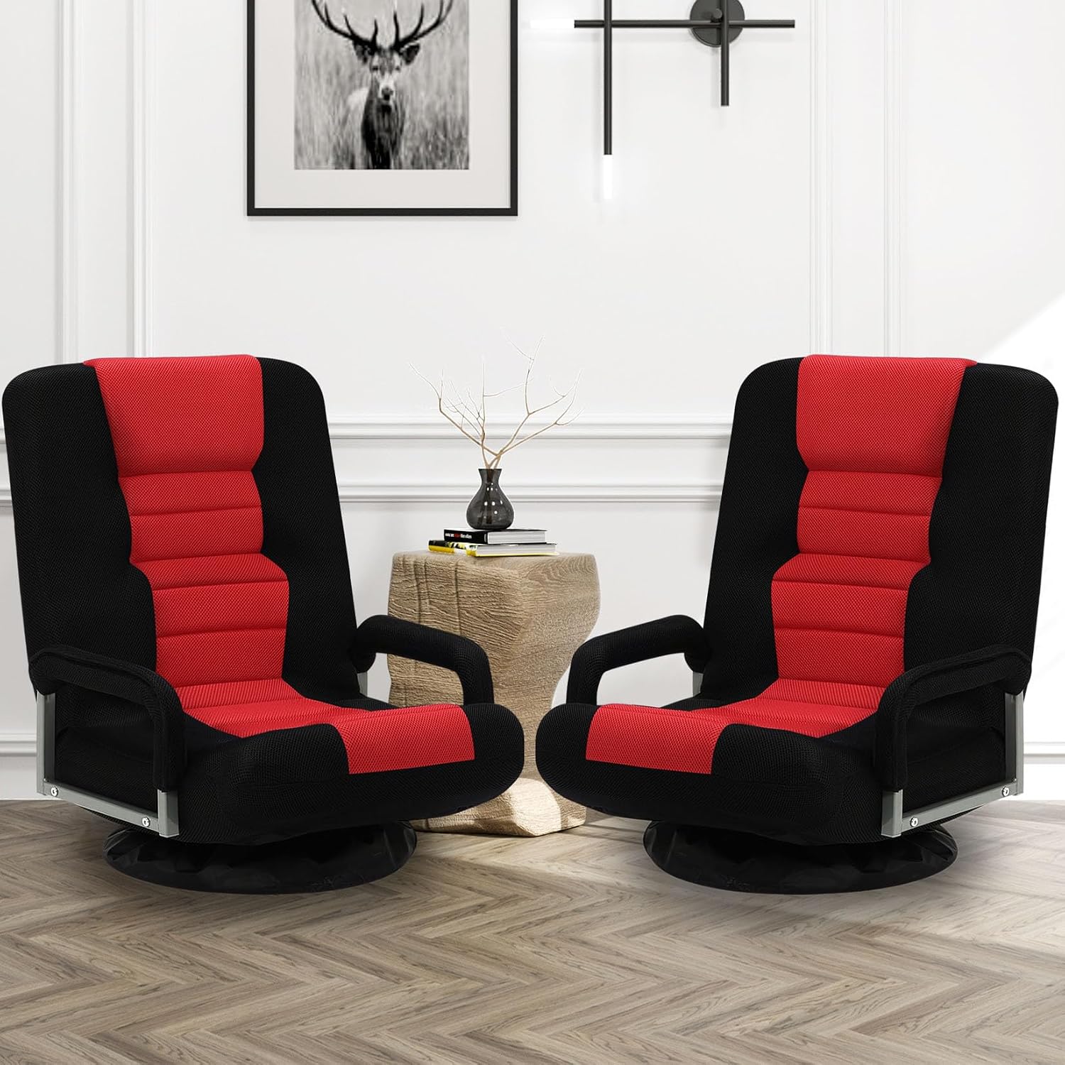 Swivel Gaming Chair Multipurpose 2PACK Floor Gaming Chair for Playing Video Games, TV, Reading w/Armrest Lumbar Support & 6 Adjustable Postion Backrest for Adults,Red