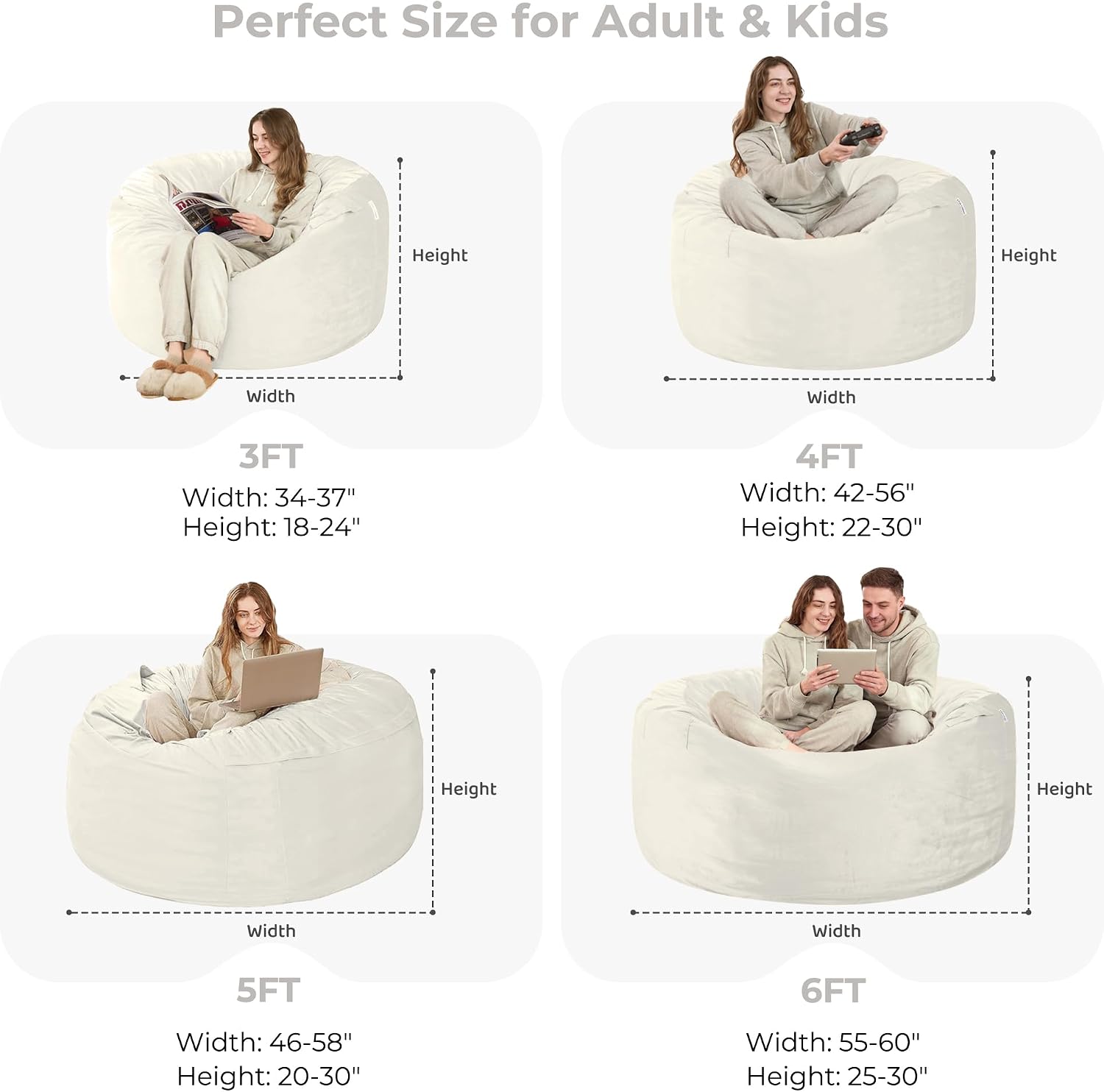 HABUTWAY Bean Bag Chair: Giant 5' Memory Foam Furniture Bean Bag Chairs for Adults with Microfiber Cover 5Ft (Beige)