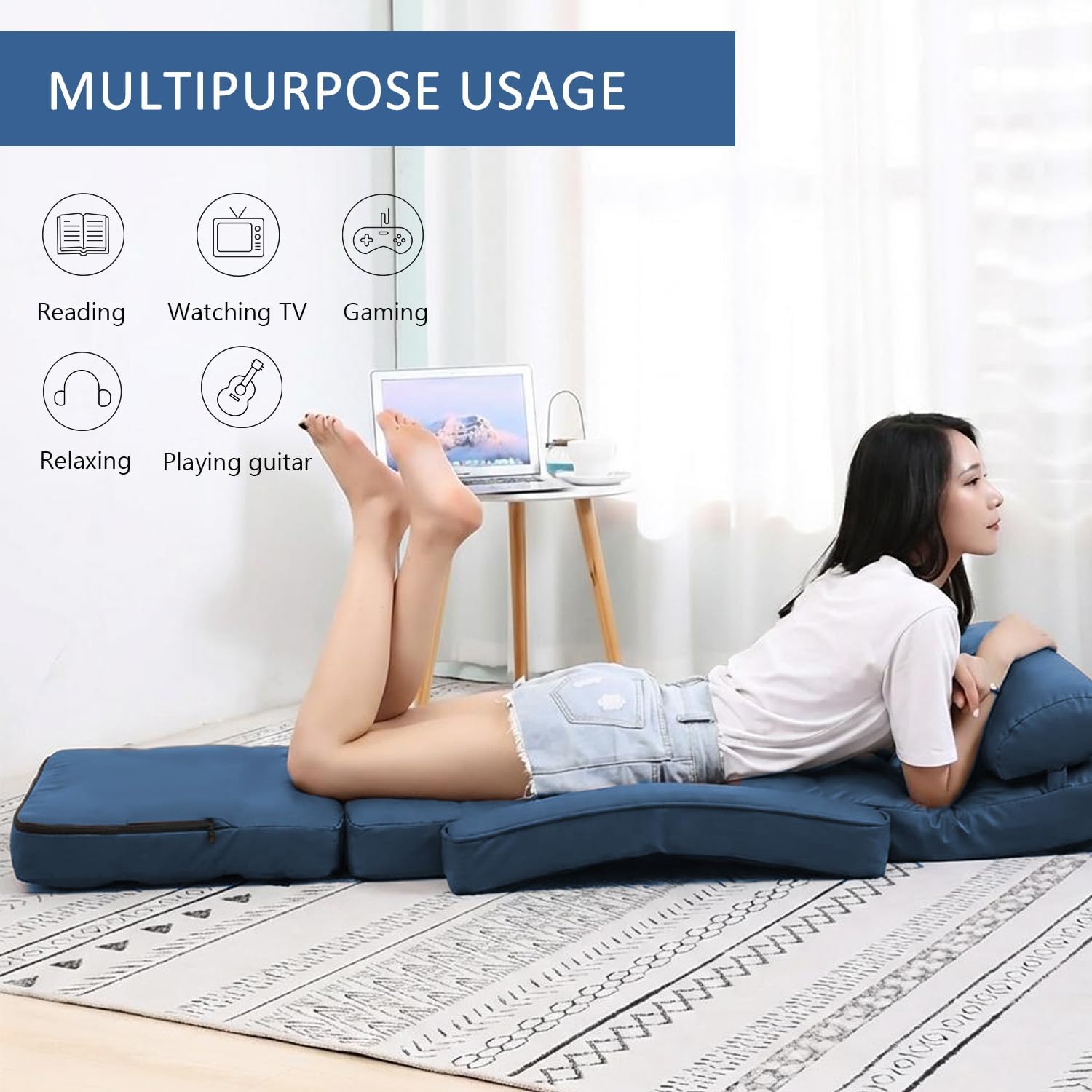 Floor Chair, Floor Gaming Chair with 14 Adjustable Position&Back Support, Folding Lounge Chair with Armrest for Adults, Lazy Sofa Lounger with Comfy Cushion for Living Room,Bedroom,PU,Blue