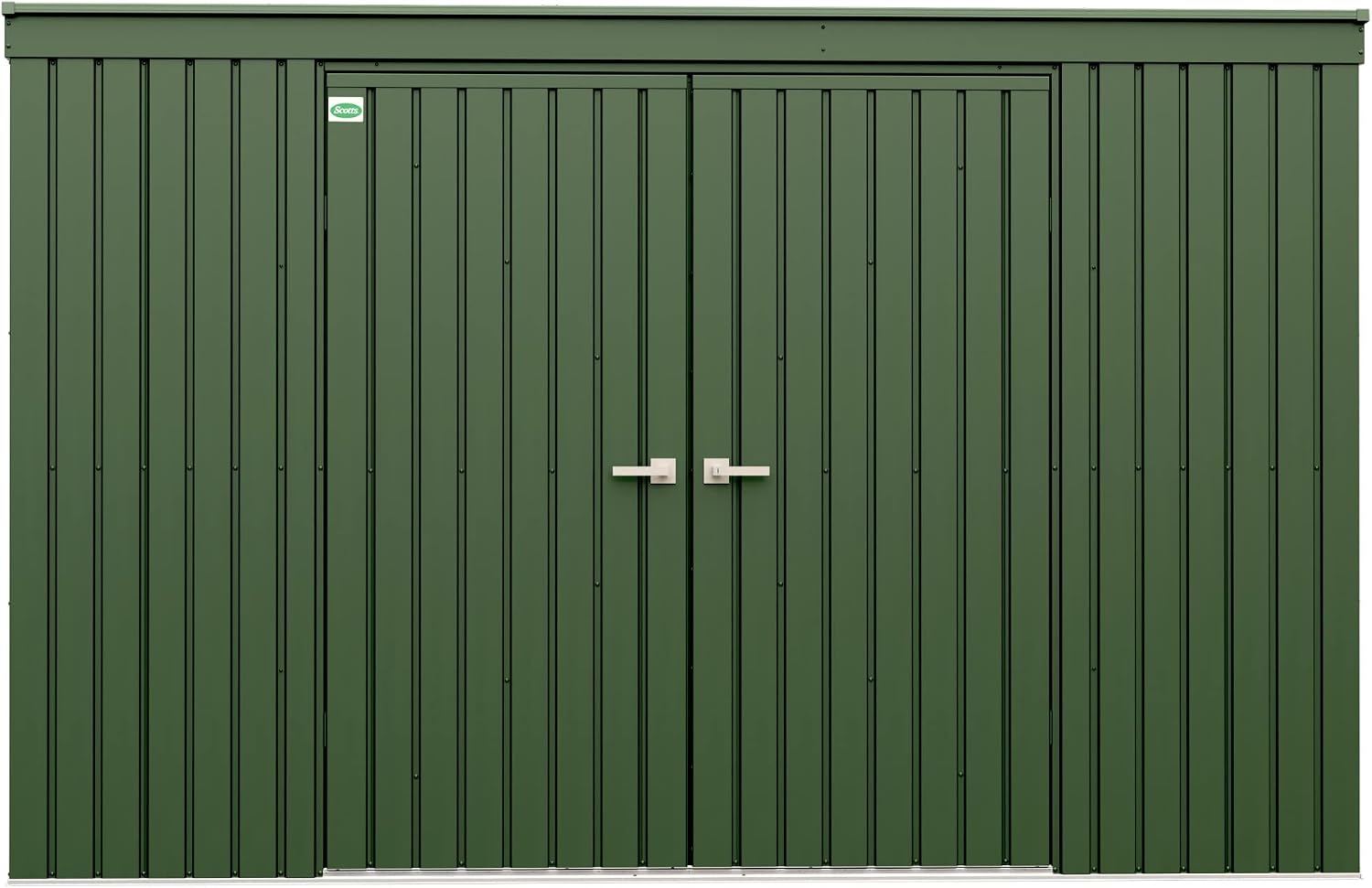 Scotts 10' x 4' Garden Storage Shed Outdoor Lockable Water-Resistant Steel Building with Tool Hanger and Pent Roof, Green