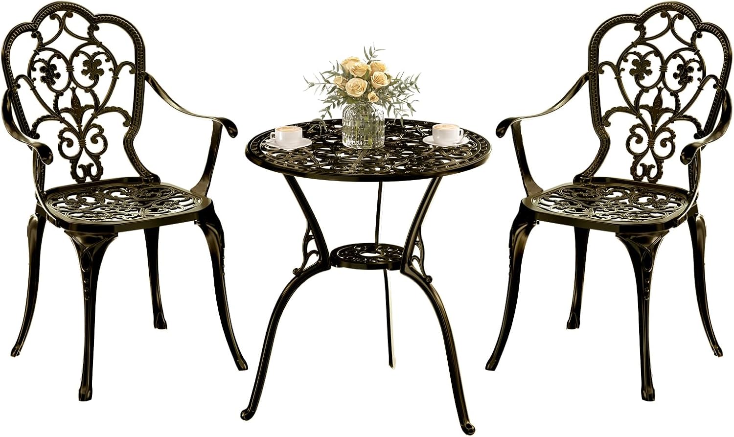 Patio Bistro Set of 2, Cast Aluminum, Outdoor Set w/Umbrella Hole, 3 Piece Table and Chairs Set, Bistro Set for Backyard/Garden/Lawn, Golden Bronze