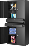 SISESOL Metal Storage Cabinet with Drawer and Locks,Black Garage Storage Cabinet with Locking Doors and Adjustable Shelves,71' Tall Large Metal Cabinets with Magnetic Door for Home,Office,Garage