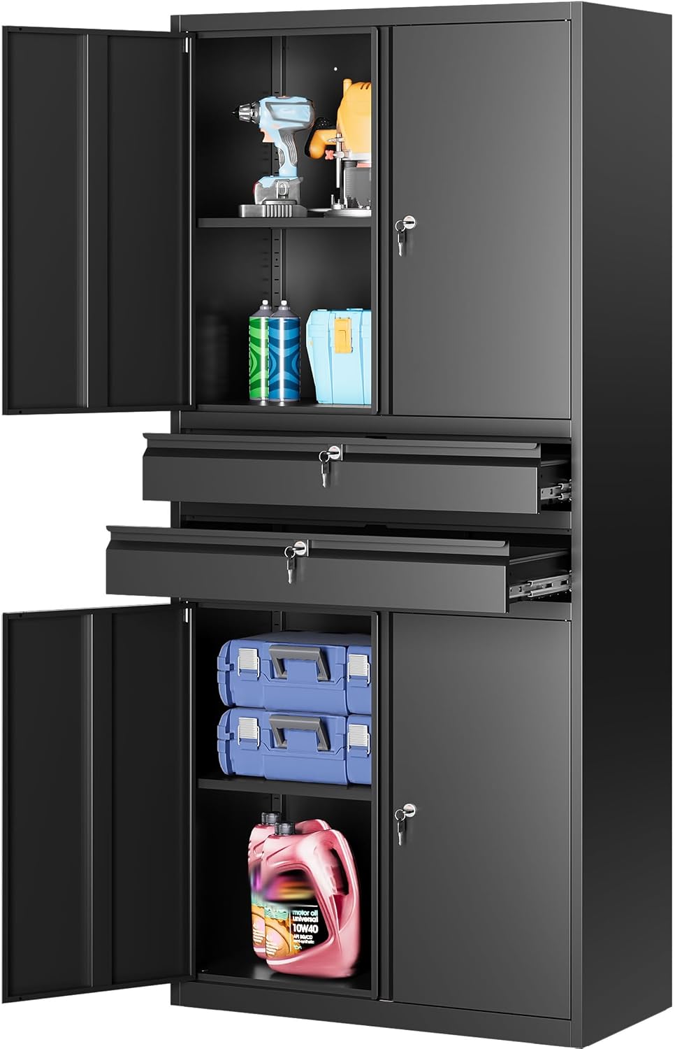 SISESOL Metal Storage Cabinet with Drawer and Locks,Black Garage Storage Cabinet with Locking Doors and Adjustable Shelves,71' Tall Large Metal Cabinets with Magnetic Door for Home,Office,Garage