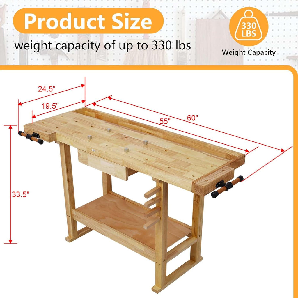 55' Rubber Wood Workbench, Heavy Duty Work Bench with Drawer& Shelf, Work Bench Table for Garage, Workshop, Home Storage, Woodworking Bench, 330 lbs Weight Capacity (55 Natural)