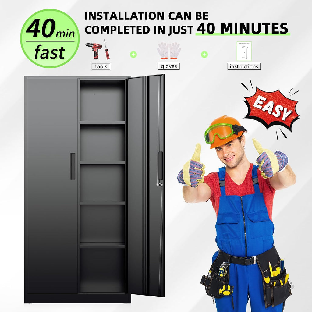 INTERGREAT Black Metal Storage Cabinet, 72' Locking Steel Cabinets with 2 Door and 4 Adjustable Shelves, Tall Metal Cabinet for Home Office, Garage, Warehouse