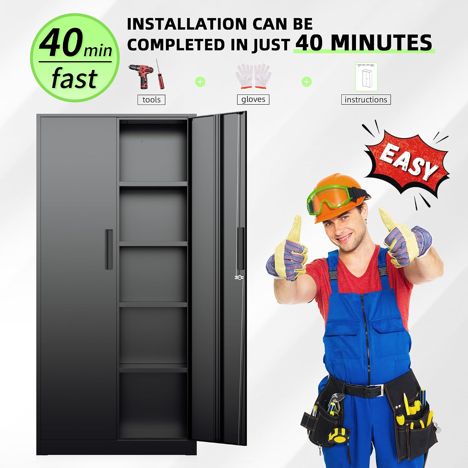 INTERGREAT Black Metal Storage Cabinet, 72' Locking Steel Cabinets with 2 Door and 4 Adjustable Shelves, Tall Metal Cabinet for Home Office, Garage, Warehouse