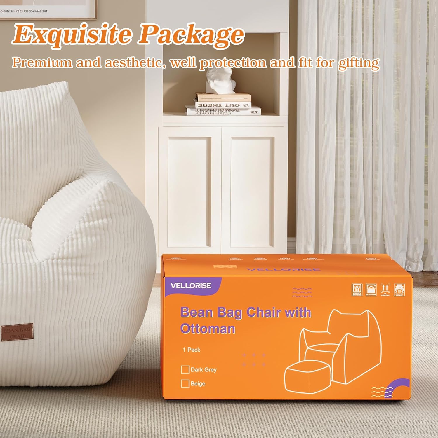 Big Bean Bag Chair for Adults, Ultra Soft Living Room Bean Bag with Armrests & Ottoman, Stuffed BeanBag Chair for Napping, Gaming, Vacuum-Compressed for Easy Gifting, 48h to Expand Beige