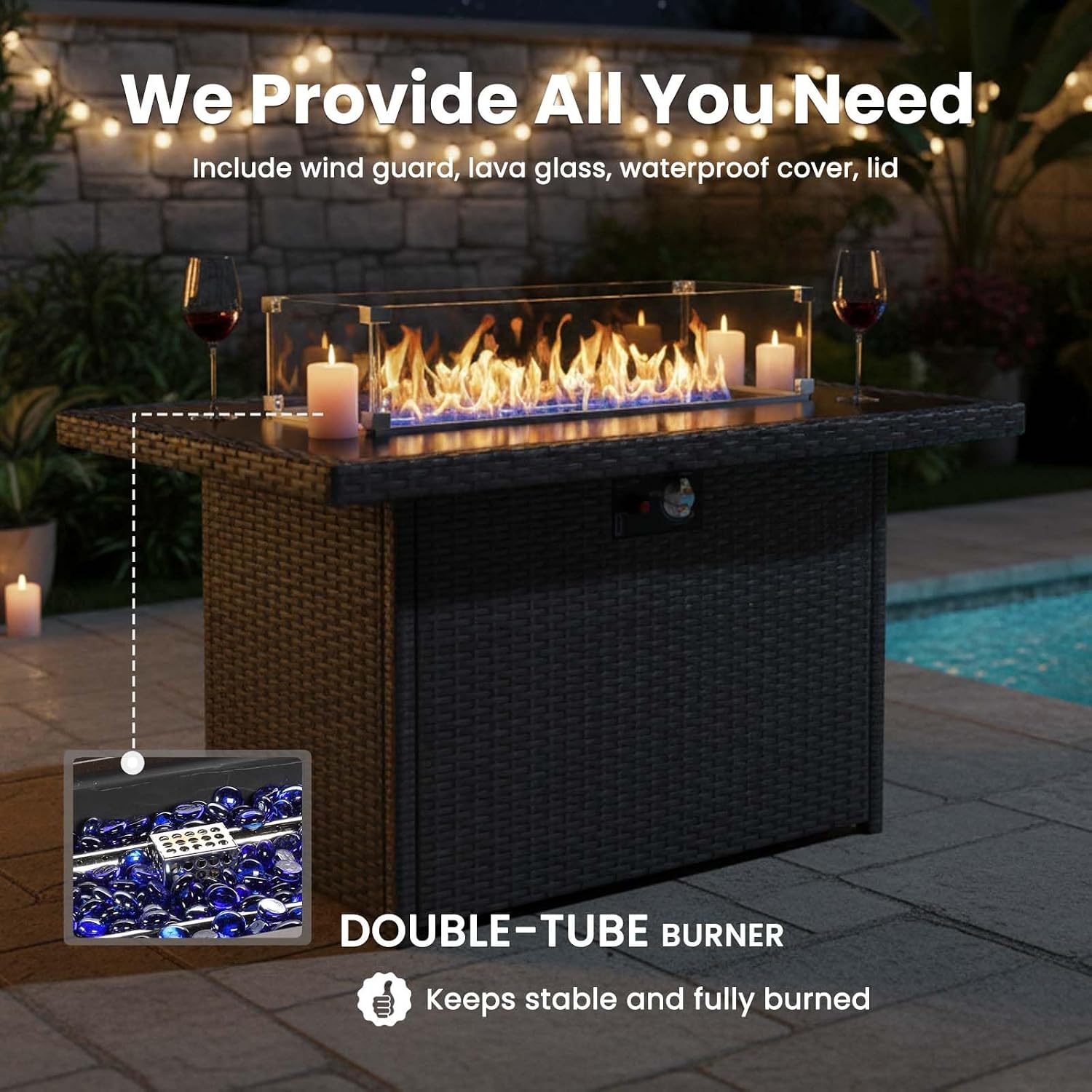7 Pieces Patio Furniture Sets with Fire Pit Table, Wicker Rattan High Back Outdoor Swivel Rocking Chairs Set with 3-Seat Couch, Ottomans and Side Table