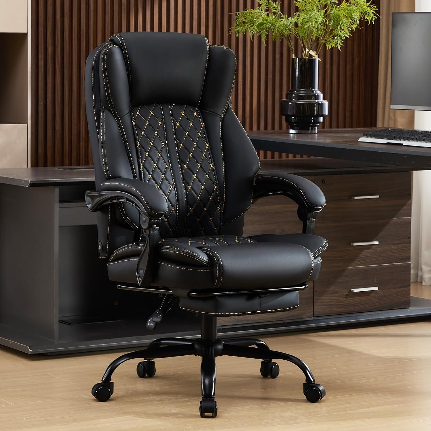 Massage Office Chair with Foot Rest, Dual Kneading Lumbar Massage Ergonomic Office Chair, 500LBS Big and Tall Reclining Desk Chair with Pet Scratch-Resistant Leather and Pillow for Home Office