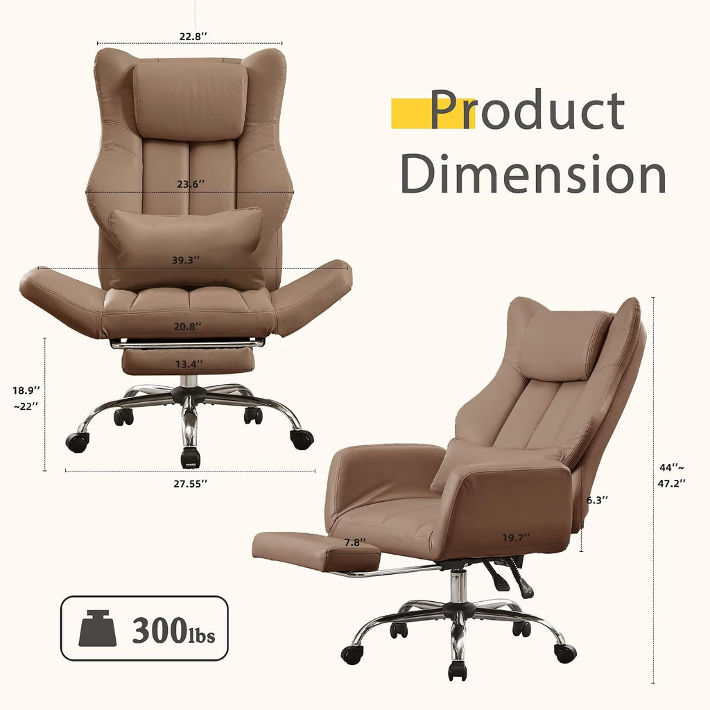 Ergonomic Cross Legged Office Chair with Footrest,Leather Big and Tall Executive Chair with Wheels,Reversible Armrest and Lumbar Pillow,155° Reclining Computer Wide Desk Chair for Home,Office (Brown)