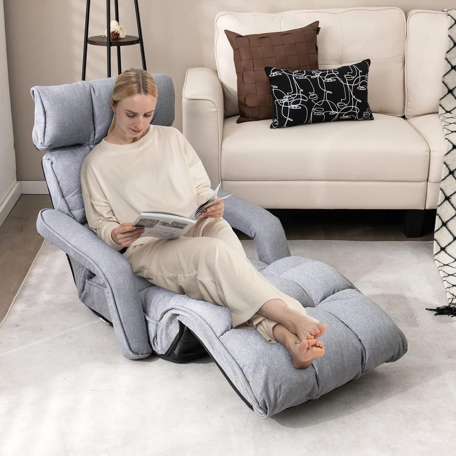 Moccha Floor Chairs for Adults, Adjustable 6-Position Floor Lounger w/Adjustable Armrests, Backrest & Footrest, No Assembly Folding Lazy Sofa Chair for Gaming, Light Weight Chaise Lounge