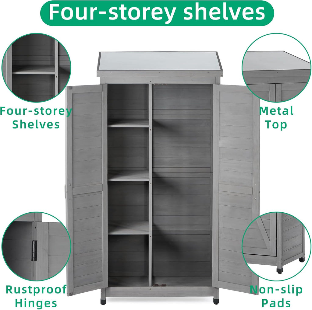 Outdoor Storage Cabinet, 68' H Wood Tall Shed with Metal Top, Wooden Storage Shed with Large Storage Space for Patio, Garden, Backyard, Lawn, Grey