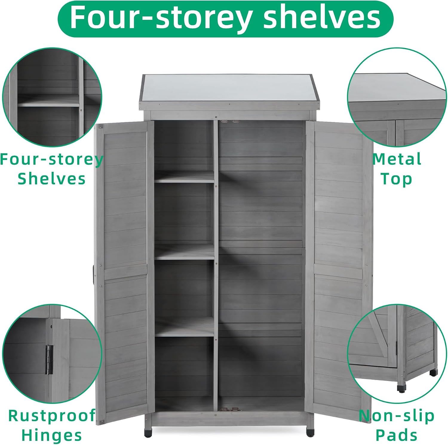 Outdoor Storage Cabinet, 68' H Wood Tall Shed with Metal Top, Wooden Storage Shed with Large Storage Space for Patio, Garden, Backyard, Lawn, Grey