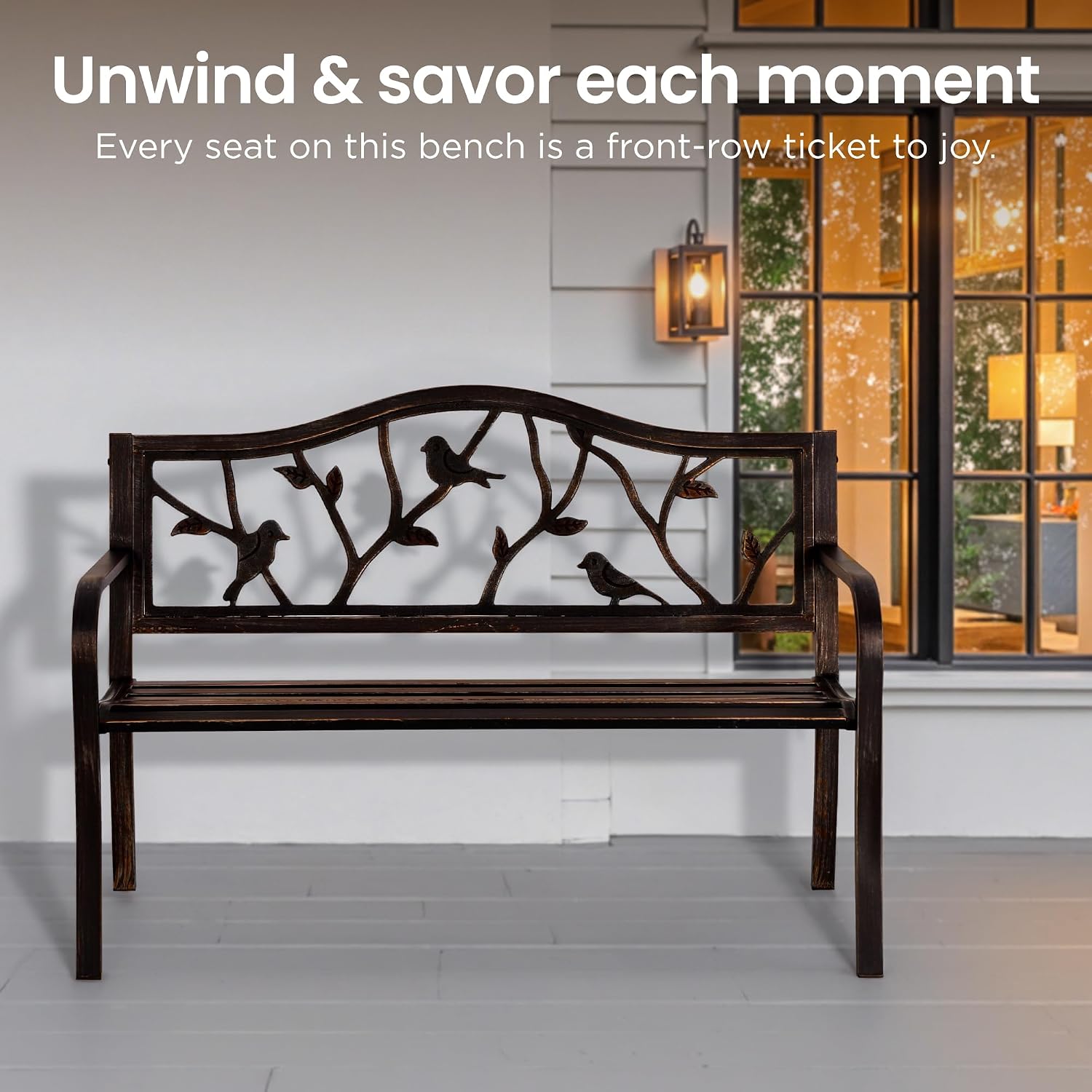 PHI VILLA Outdoor Garden Park Bench Patio 50' Metal Bench, Steel Frame Bench with Backrest and Armrests for Porch, Lawn, Balcony, Backyard and Indoor, Bronze