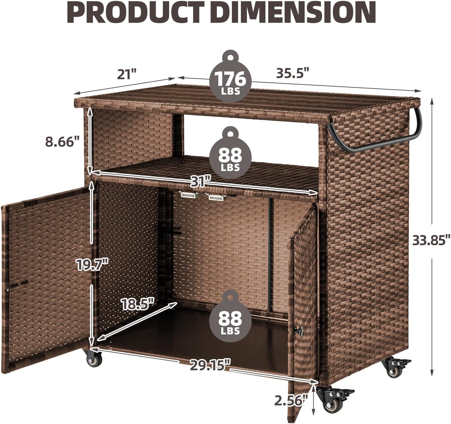 Wicker Outdoor Storage Cabinet with Wheels, Patio Grill Tables for Outside, Outdoor Storage Cabinet for Garden Buffets, Parties, Poolside Gatherings in Brown