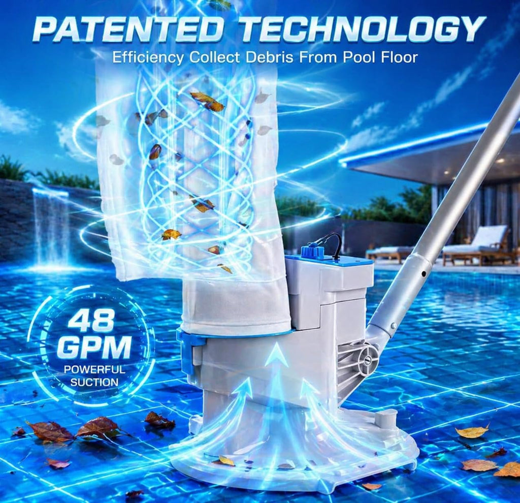2026 New Upgrade Cordless Pool Leaf Vacuum Cleaner with Dual Filter Bags for Above & Inground Pools, Heavy Duty Pool Vacuum with Aluminum Tubes, 48 GPM Strong Suction for Leaves & Debris Removal