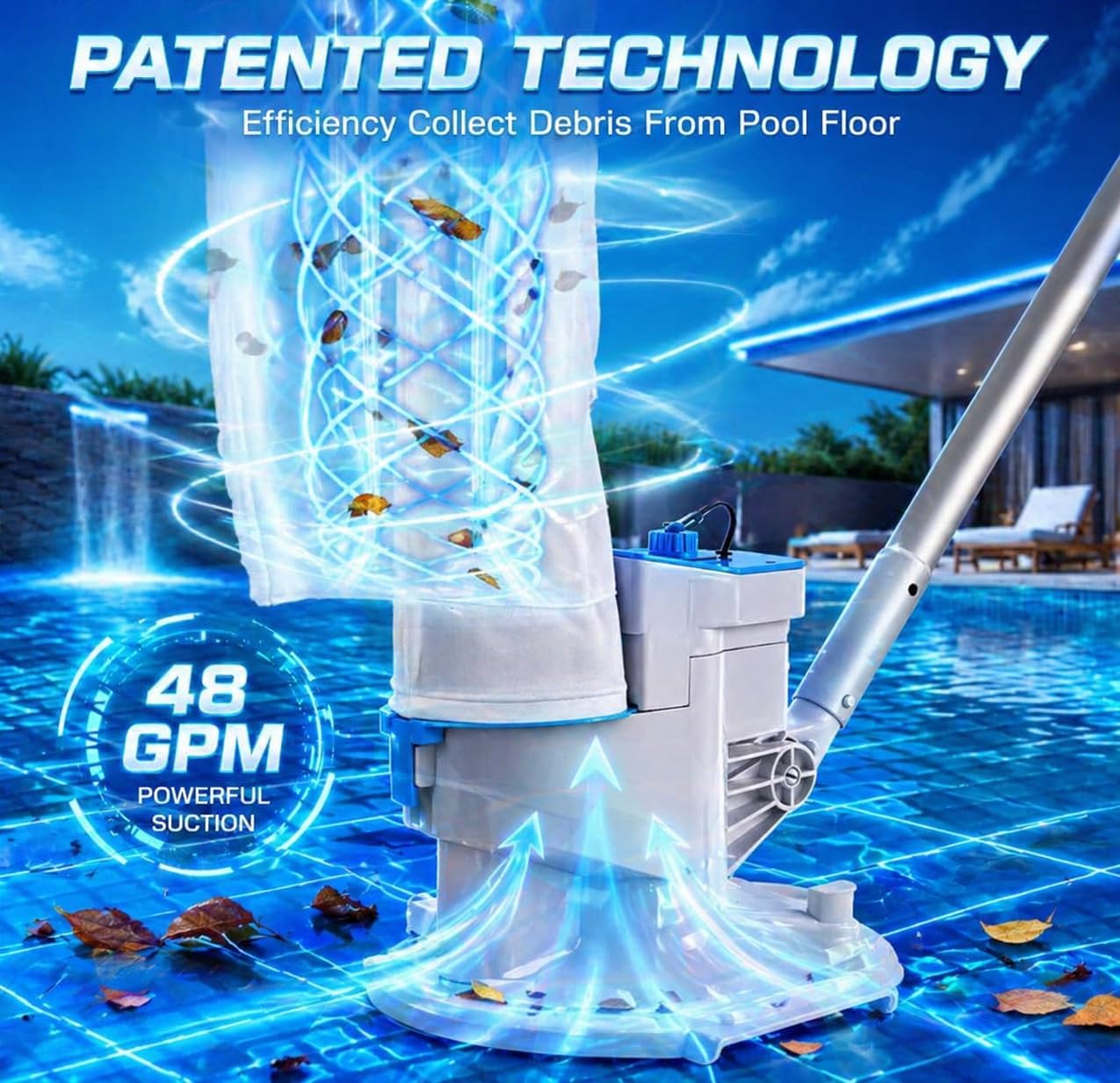 2026 New Upgrade Cordless Pool Leaf Vacuum Cleaner with Dual Filter Bags for Above & Inground Pools, Heavy Duty Pool Vacuum with Aluminum Tubes, 48 GPM Strong Suction for Leaves & Debris Removal