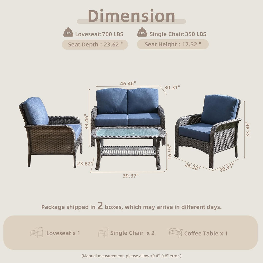 CAODOC 4-Piece Wicker Patio Furniture Set, All-Weather Rattan Conversation Bistro Loveseat Chair and Table Set for Backyard, Balcony and Deck with Soft Cushions and Metal Table(Blue)