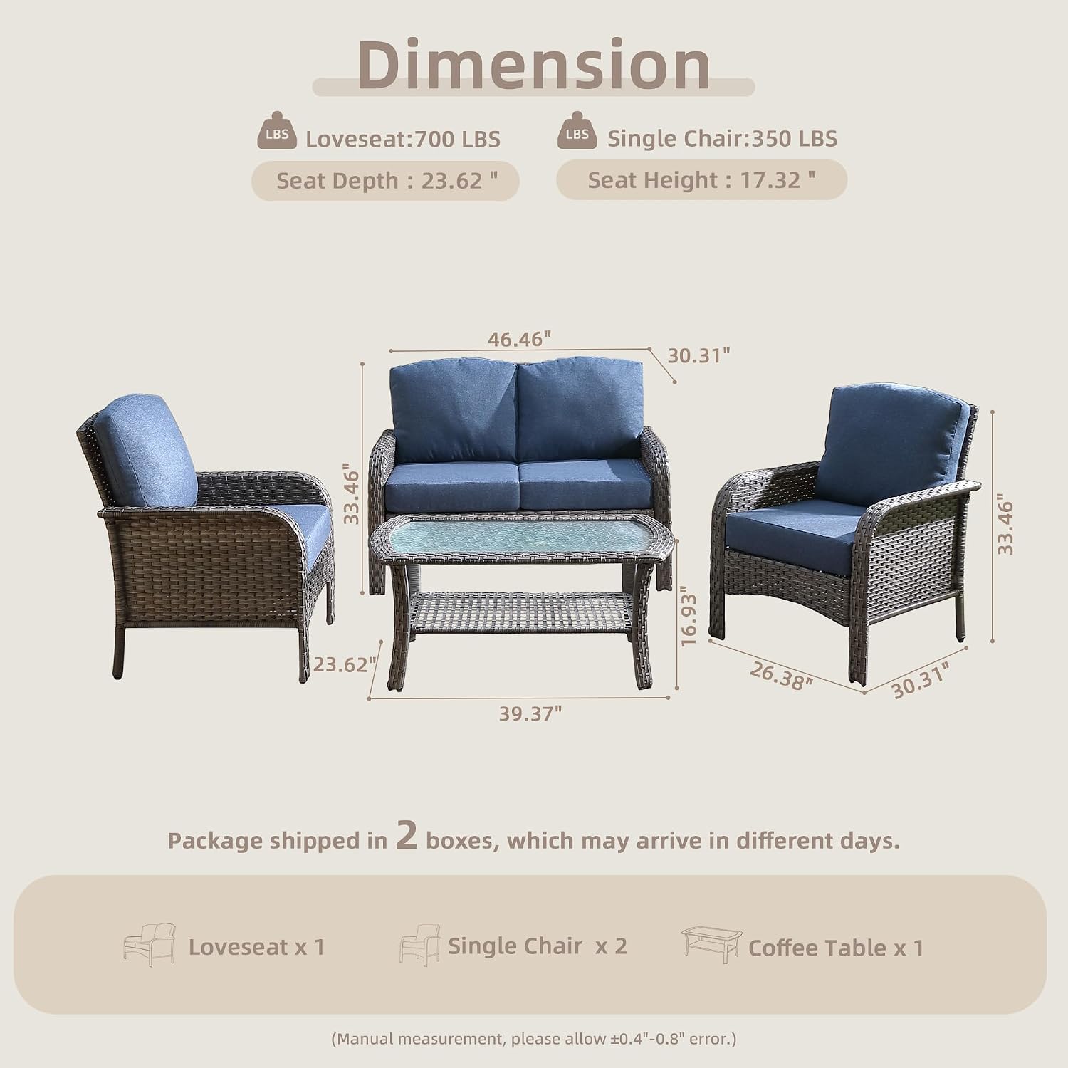 CAODOC 4-Piece Wicker Patio Furniture Set, All-Weather Rattan Conversation Bistro Loveseat Chair and Table Set for Backyard, Balcony and Deck with Soft Cushions and Metal Table(Blue)
