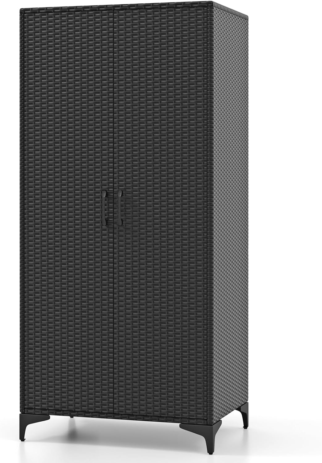 Giantex Wicker Storage Cabinet, 62' Tall Pantry Cabinet with 2 Doors, Hanging Rod, 4 Storage Cubes, Metal Legs, Anti-Tipping Device, PE Rattan Storage Cabinet for Home Office, Garage Cabinets (Black)