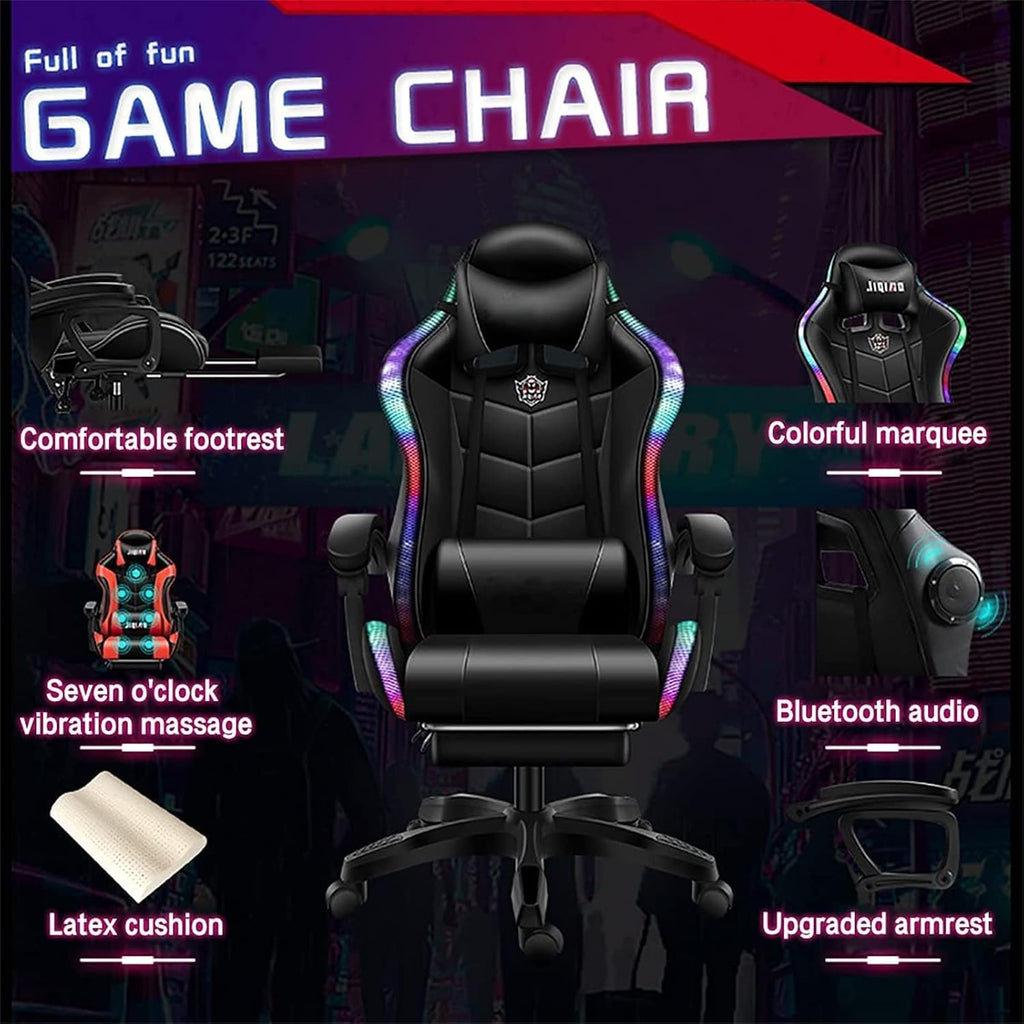 Video Gaming Chairs with LED Light, Ergonomic Gaming Chair with Massage Lumbar Support and Bluetooth Speakers, Computer Chair with Retractible Footrest and Backrest Adjustable,Pink