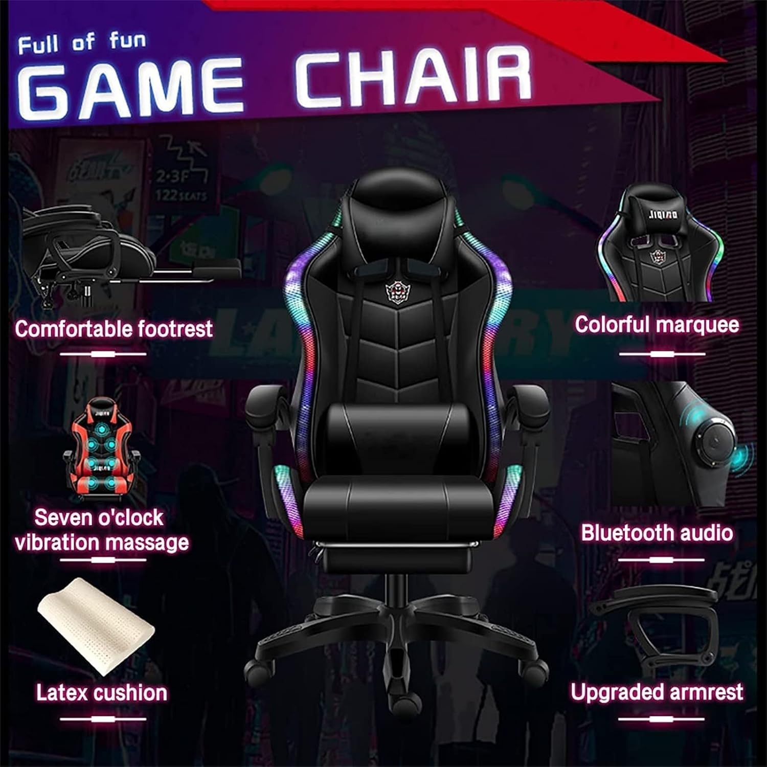 Video Gaming Chairs with LED Light, Ergonomic Gaming Chair with Massage Lumbar Support and Bluetooth Speakers, Computer Chair with Retractible Footrest and Backrest Adjustable,Pink
