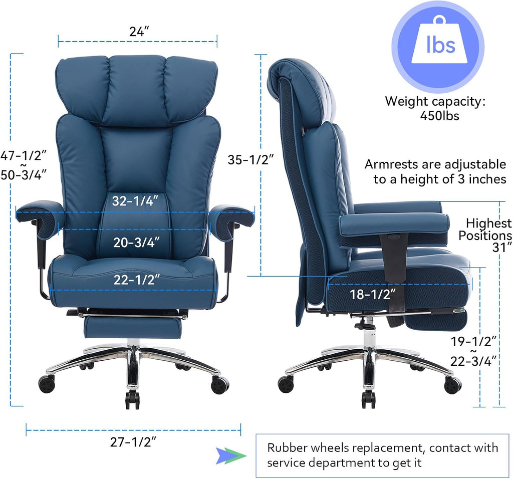 Efomao Big and Tall Office Chair 400lbs - Heavy Duty Executive Desk Chair with Foot Rest & 23' Wide Seat - High Back Ergonomic Leather Computer Chair for Heavy People, Home Office, Blue