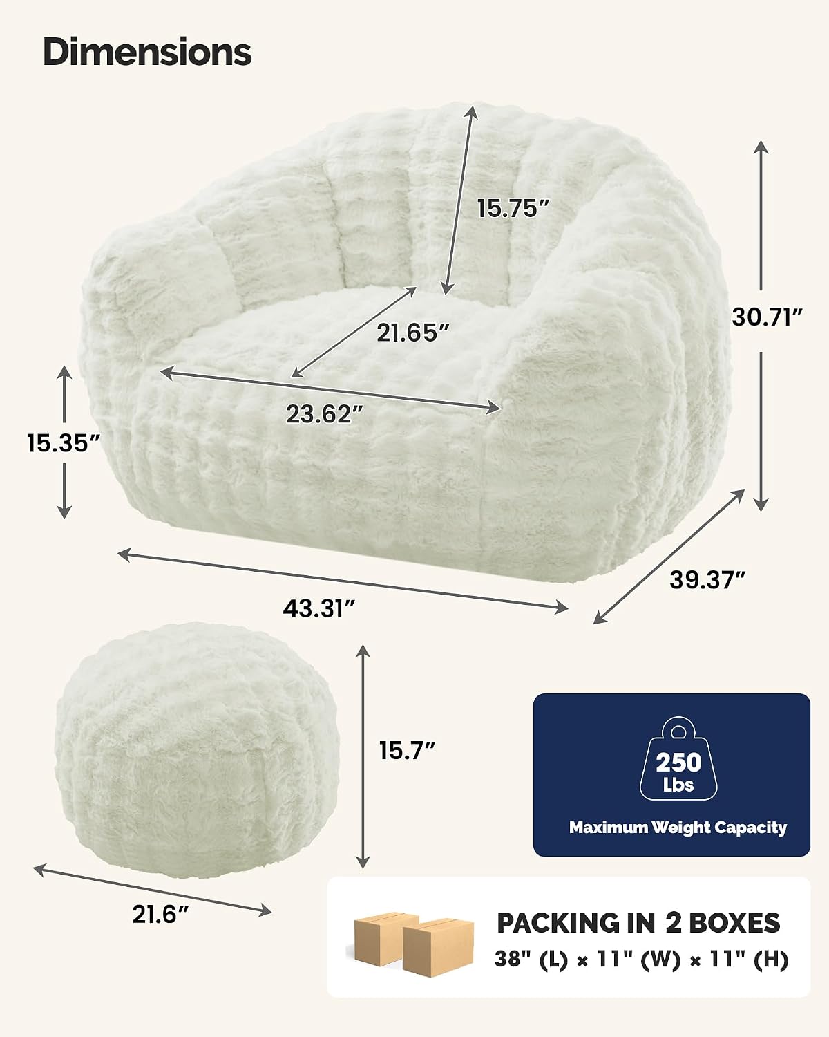 KINGYES Giant Bean Bag Chair with Ottoman, 3 in 1 Bean Bag Couch with Memory Foam Filler,Gaming Chair for Adults, Bean Bag for Kids & Teen, Beige