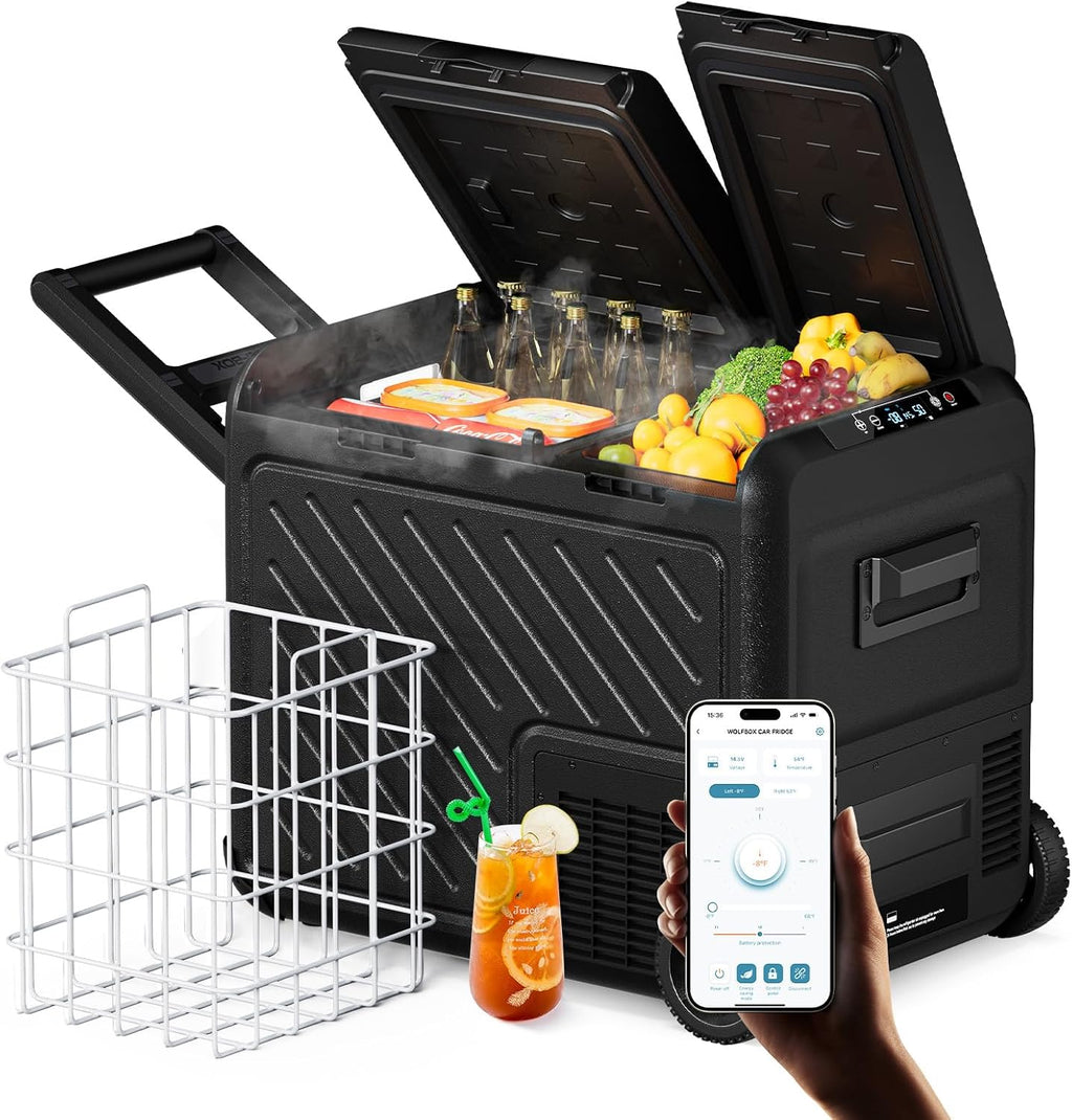 WOLFBOX 12V Car Refrigerator, 49 Quart Dual Zone Car Fridge, Portable Freezer(-8℉~68℉) with 12/24V DC 100/240V AC, APP Control Electric Cooler for Car, RV, Camping, Travel and Home Use