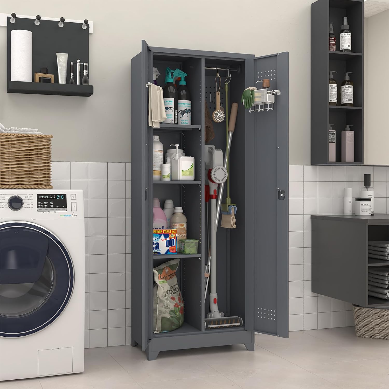 Broom Closet Storage Cabinet, Steel Locking Cabinet with Hanging Rod, 65' Cleaning Storage with Doors and Hooks, Tall Broom Tool Cabinets for Office, Garage