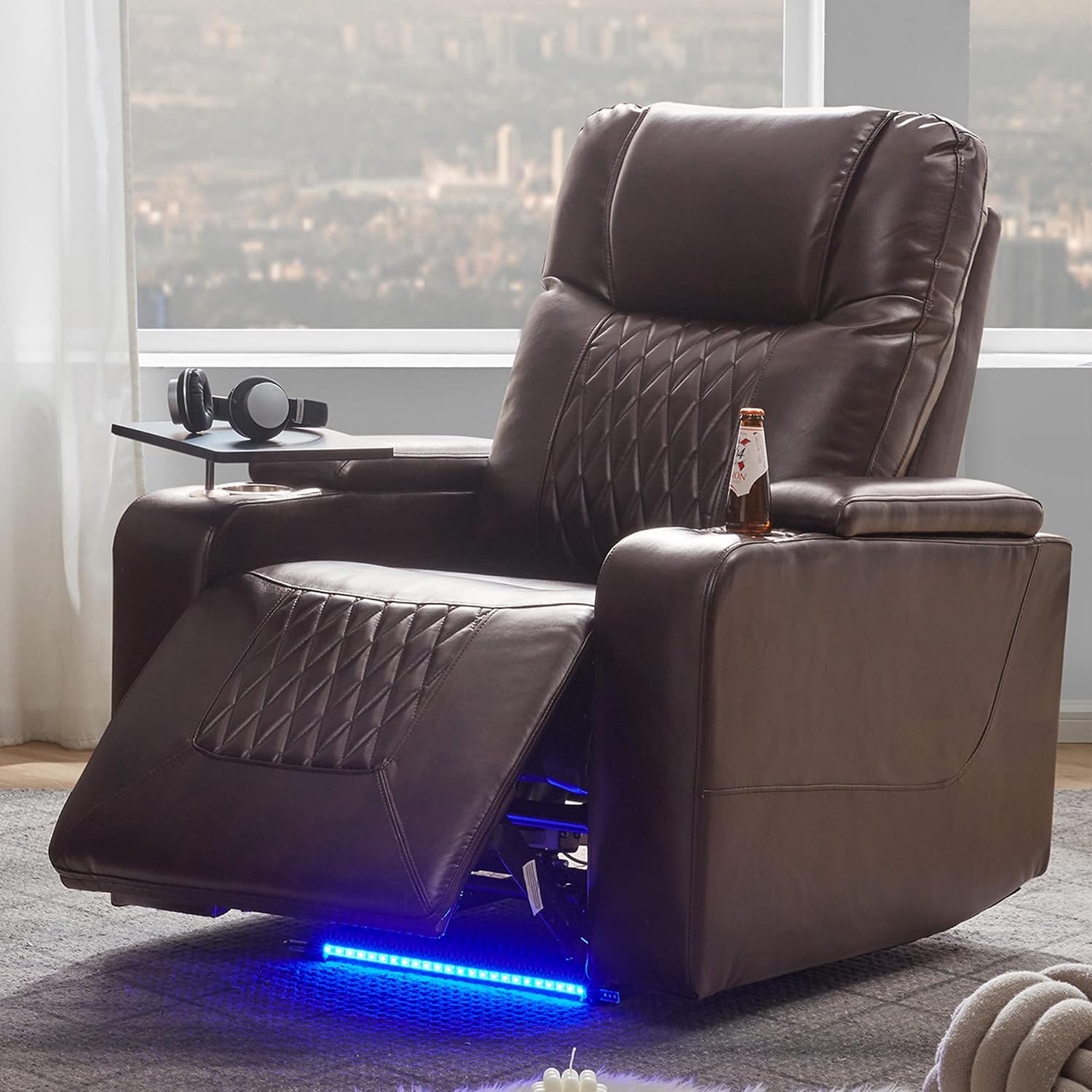 P PURLOVE Power Motion Recliner Chair for Home, PU Recliner Chair with USB Charging Port and Hidden Arm Storage 2 Convenient Cup Holders, Home Theater Seating with 360° Swivel Tray Table (Brown)