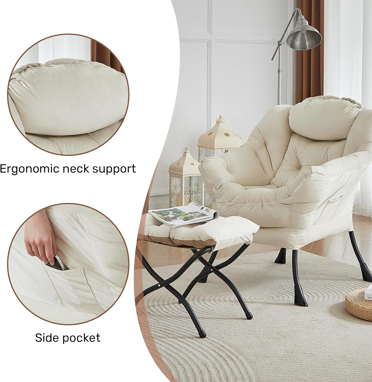 HollyHOME Lazy Chair with Foldable Ottoman, Accent Comfy Lounge Armchair and Folding Footrest Stool, Leisure Sofa Reading Chair and Footstool for Living Room, Bedroom, Dorm,Velvet Beige