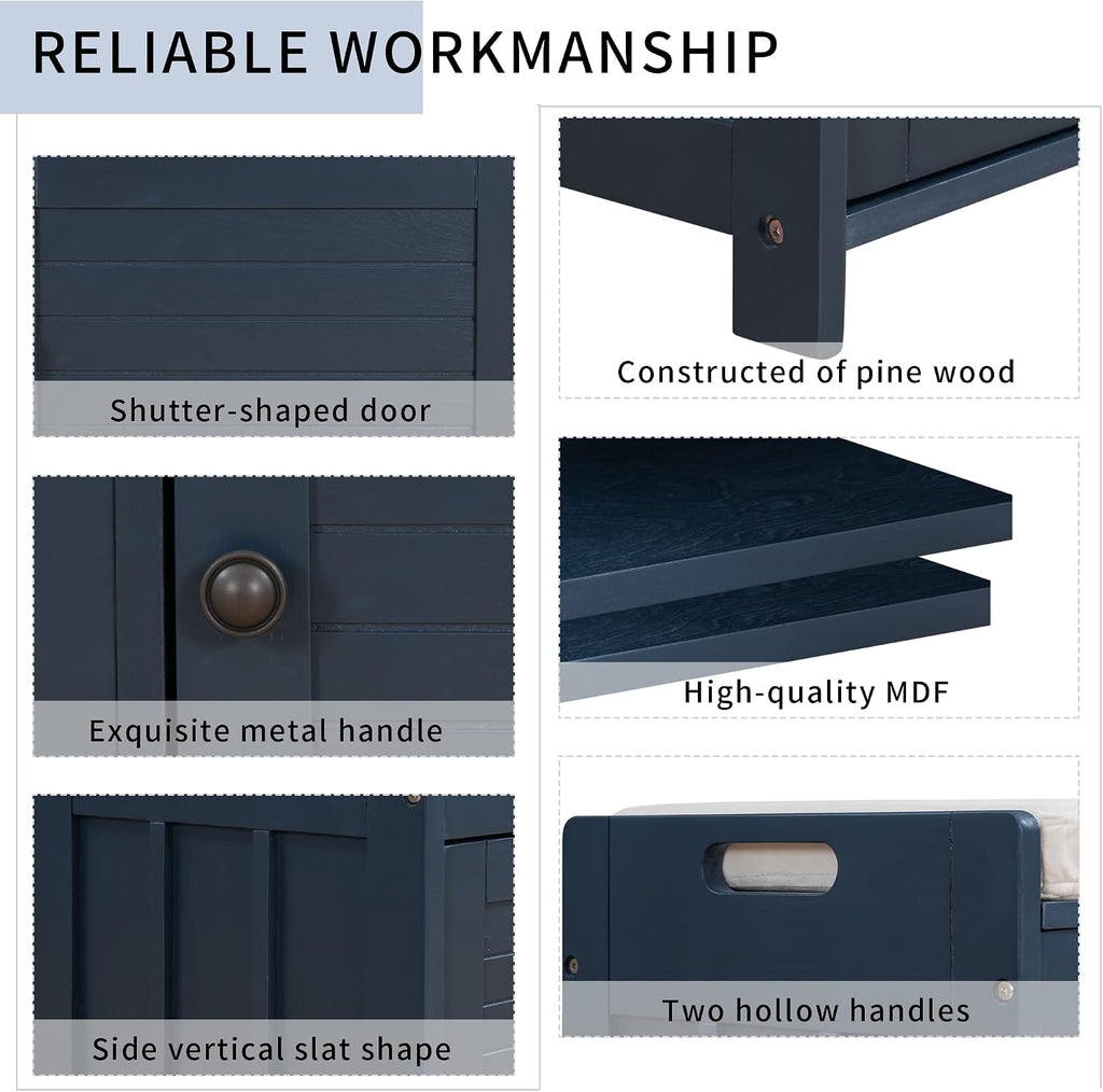 Storage Bench with 3 Shutter-Shaped Doors and Flip-Open Storage Box, Shoe Rack for Entryway and Hallway,Shoe Bench with Adjustable Shelves Storage Space and Removable Seat Cushion, Antique Navy