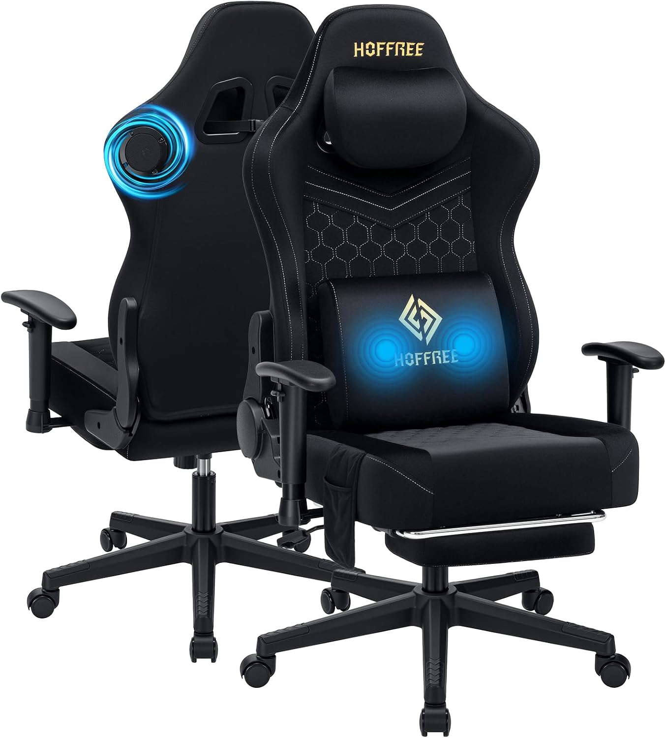 HOFFREE Gaming Chair with Speakers Bluetooth Massage Gaming Chairs for Adults Suede Fabric 165° Reclining Ergonomic Computer Chairs with Footrest Pocket Spring Cushion High Back Gamer Chair Black