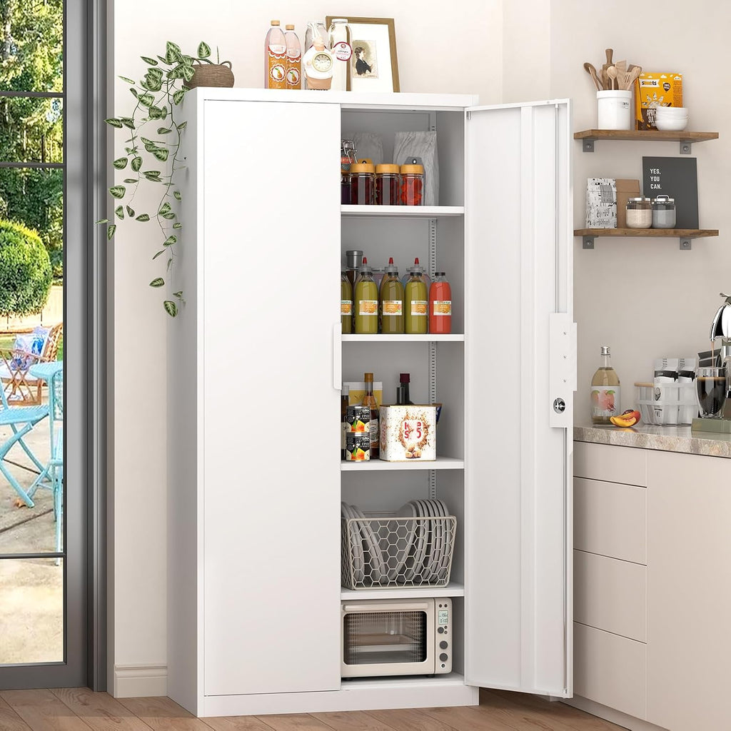 GREATMEET Metal Garage Storage Cabinets, 72' Tall Locking Cabinets with Doors and Shelves, Utility Cabinet with Lock for Garage, Home, White