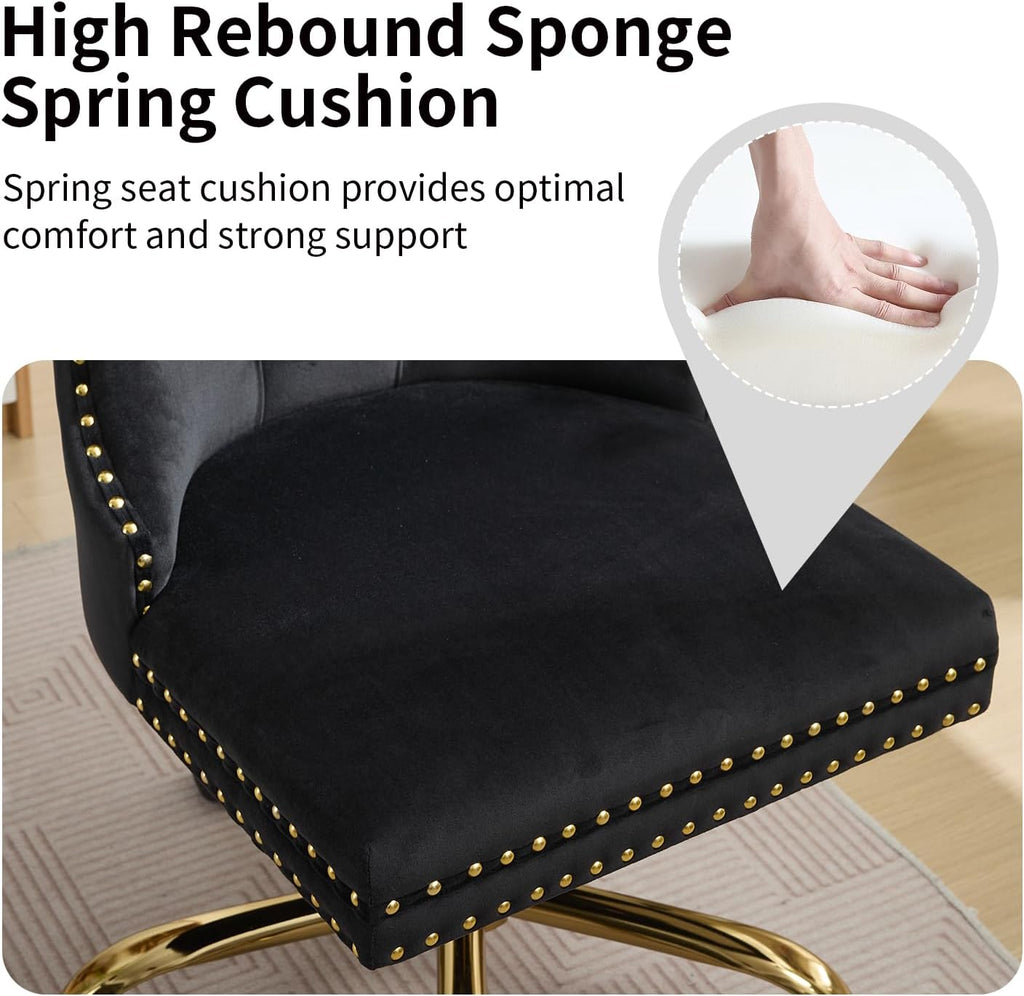 Black Velvet Armless Home Office Desk Chair with Wheels & Gold Base, Modern Comfortable Office Chair Rolling Task Chair, Upholstered Adjustable Computer Chair for Studio, Reception,Black