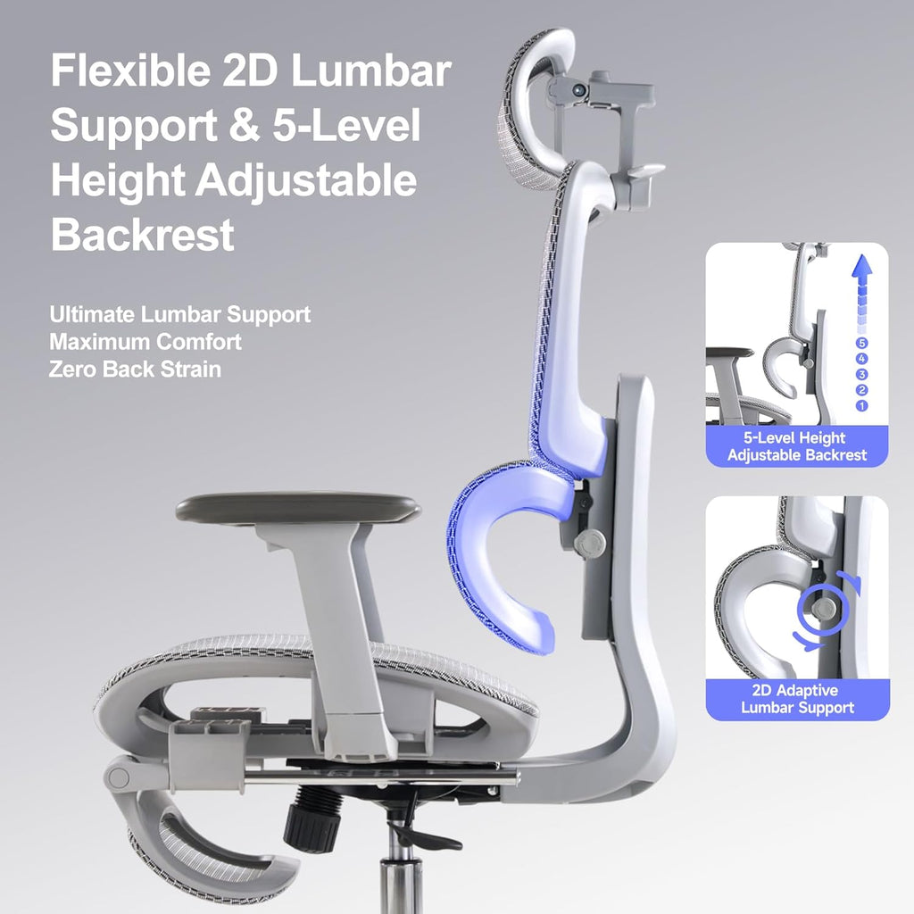 Office Chair with Footrest, Ergonomic Chair with 3D Headrest, Computer Chair with Adjustable Backrest & 3D Armrest, Gaming Chair with Adaptive Lumbar Support, Mesh Backrest & Cushion, Grey