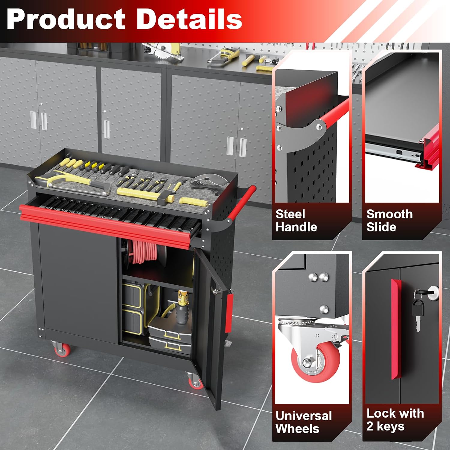 Kelueo Metal Garage Storage Cabinet with Wheels,Lockable Storage Cabinets with Adjustable Shelf,Steel Tool Locker with Pegboard and Handle for Garage,Warehouse