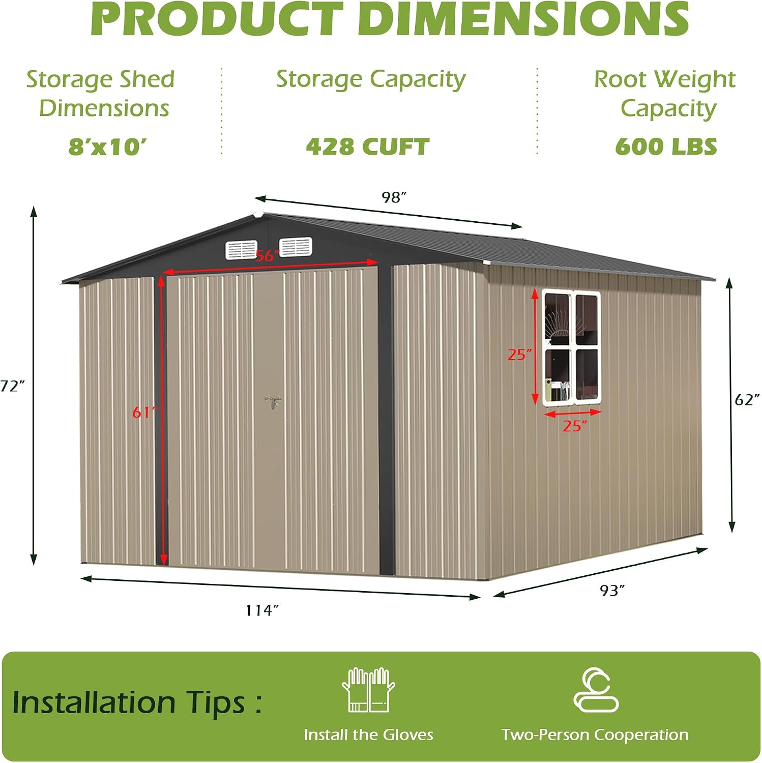 8×10 FT Metal Tool Storage Shed with Window, Weather Resistant Outdoor Storage Shed with Lockable Double Doors for Backyard, Patio Lawn, Garden