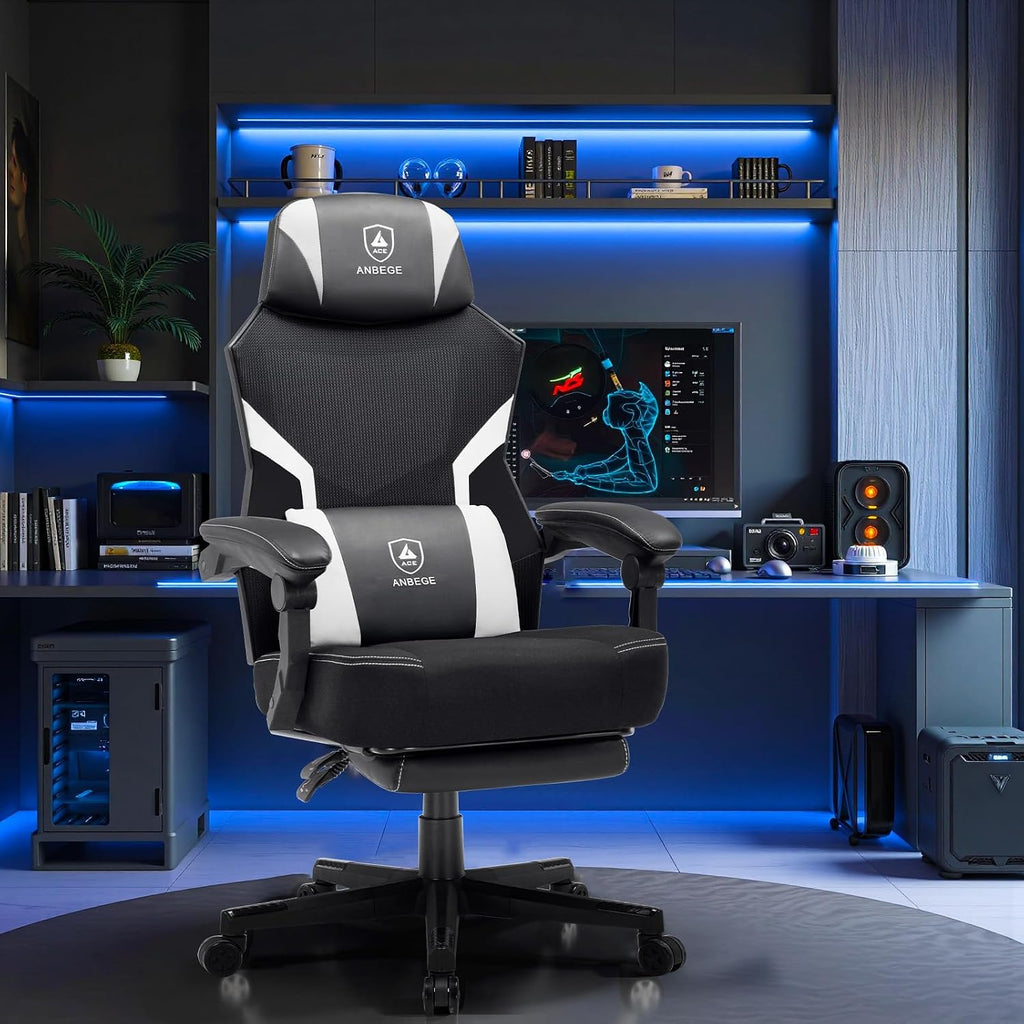 Ergonomic Mesh Video Gaming Chair with Footrest, Height Adjustable Computer Chair with Lumbar Support, High-Back Breathable Reclining Swivel Chair for Adults Home Office & Work (White)