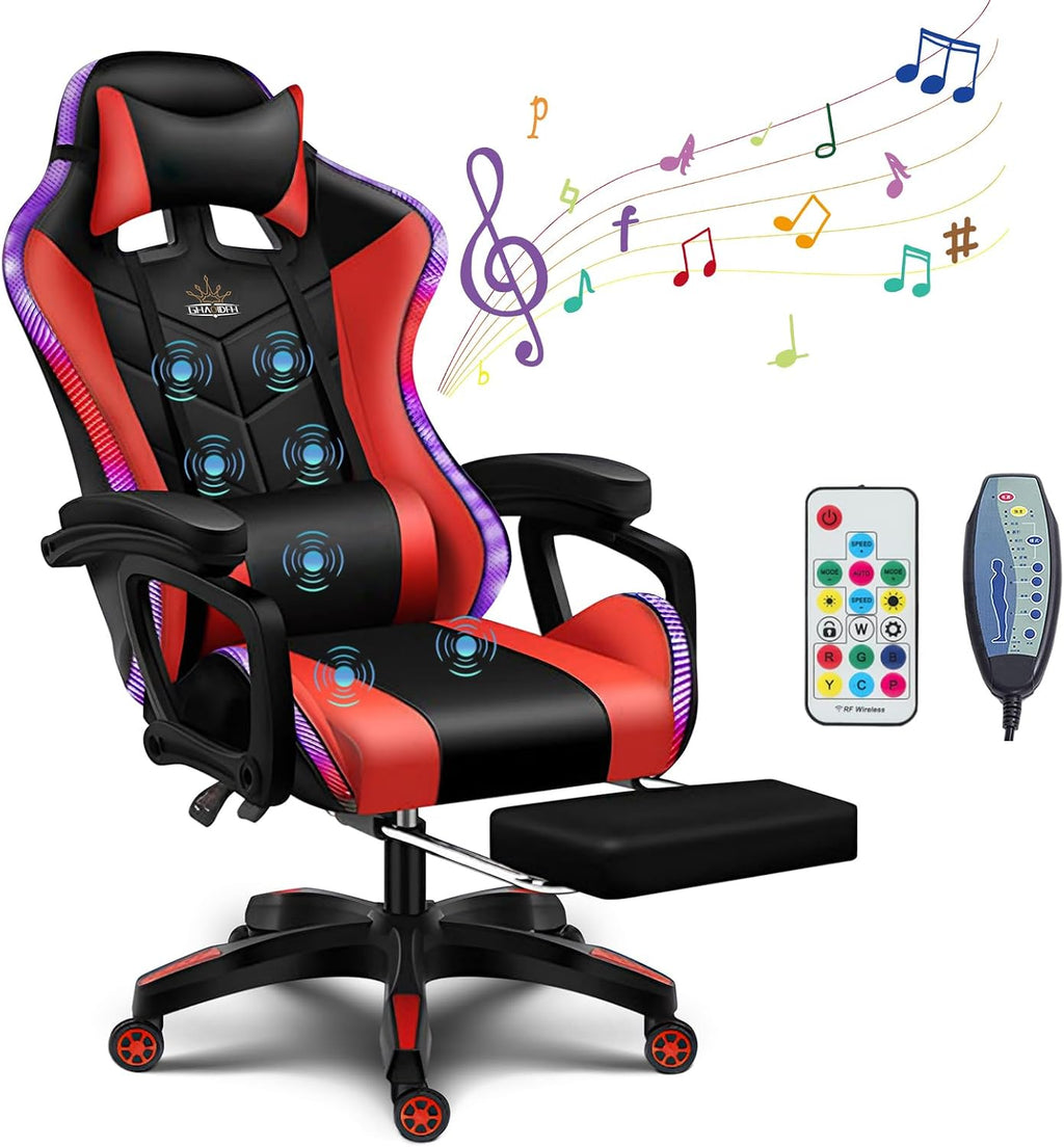 XOOFMASS RGB Gaming Chair with Speakers and LED Light, 7 Points Ergonomic Massage Video Game Chair, High Back 90°-135° Adjustable, PU Leather E-Sport Computer Chair with Headrest & Lumbar Support,Red