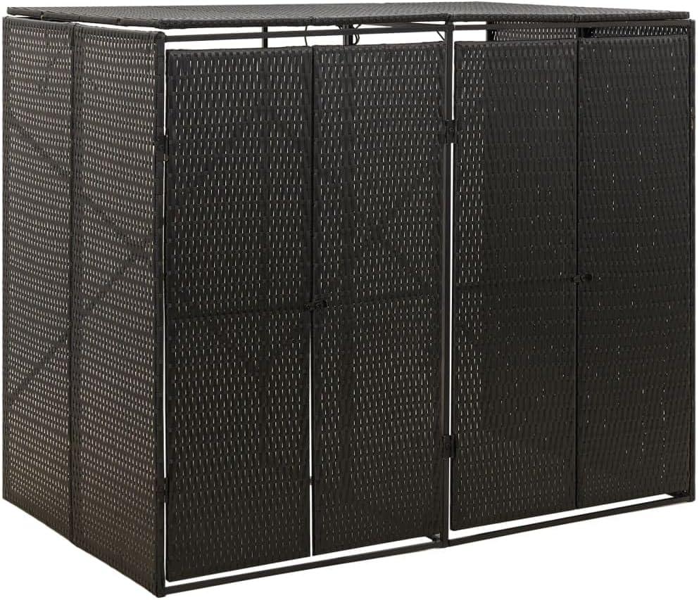 vidaXL Bin Store, Outdoor Trash Can Storage for Garbage Cans, Double Wheelie Bin Shed for Patio Backyard Garden, Black Poly Rattan