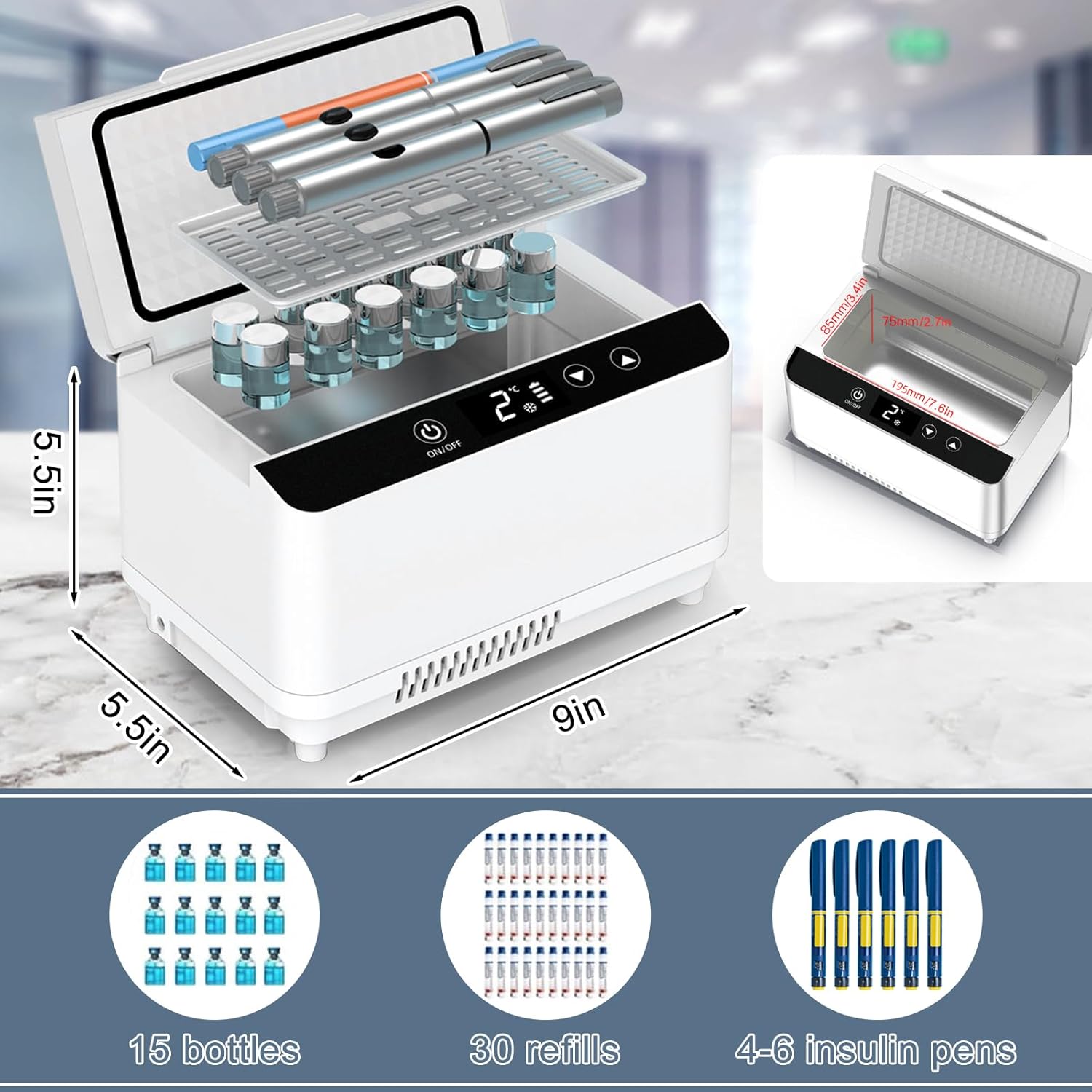 Electric Insulin Cooler Travel Case Box, Insulin Fridge for Travel TSA Approved, Portable Insulin Refrigerator, Diabetic Travel Case With LCD Display, 2-18℃ Temperature Control, 3–5 Insulin Pens