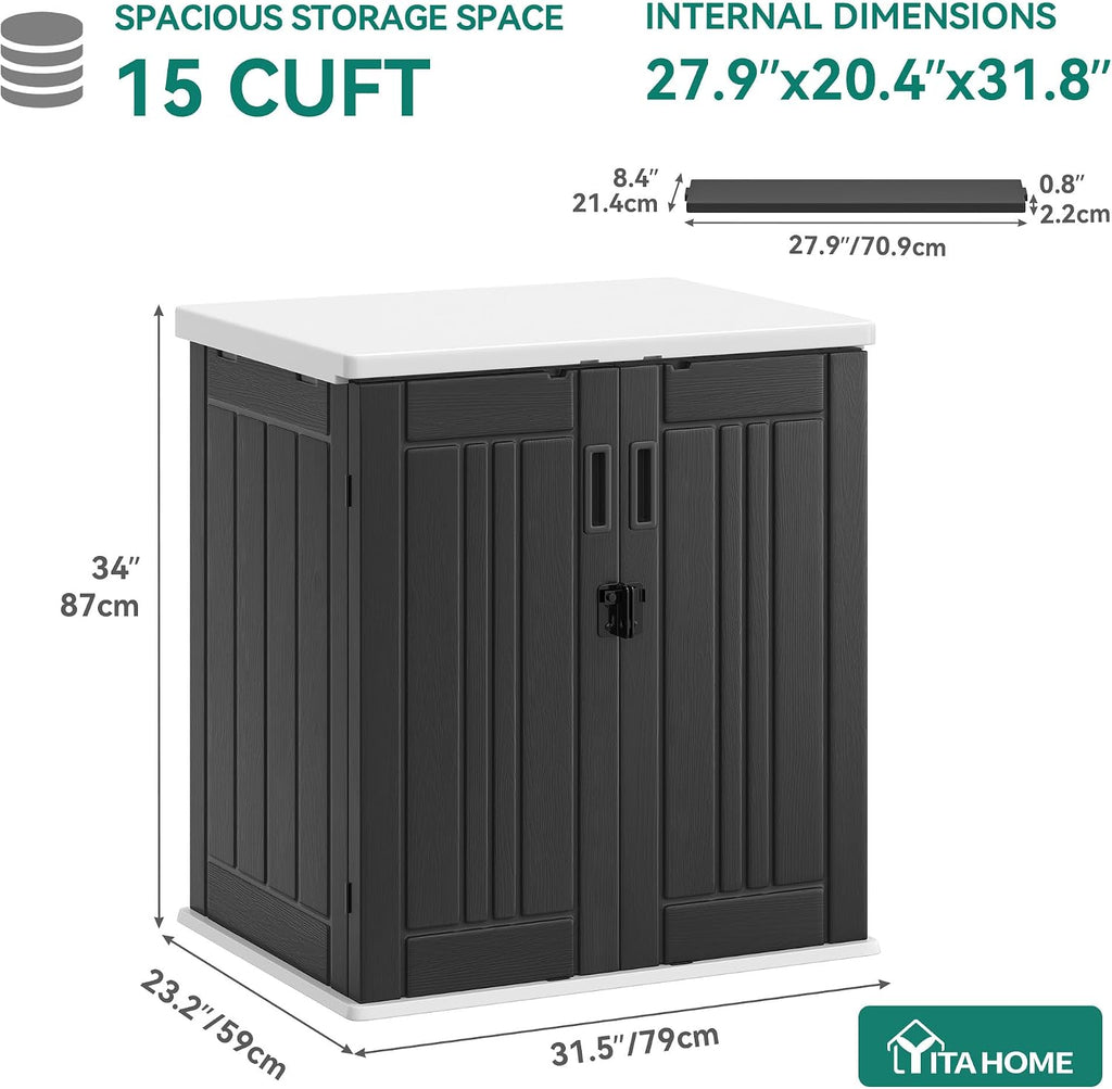 YITAHOME Outdoor Storage Cabinet with 2 Shelves, Waterproof Resin Horizontal Tool Shed, Lockable 15 cu. ft. Storage Shed for Patio, Garden, Yard, Dark Gray