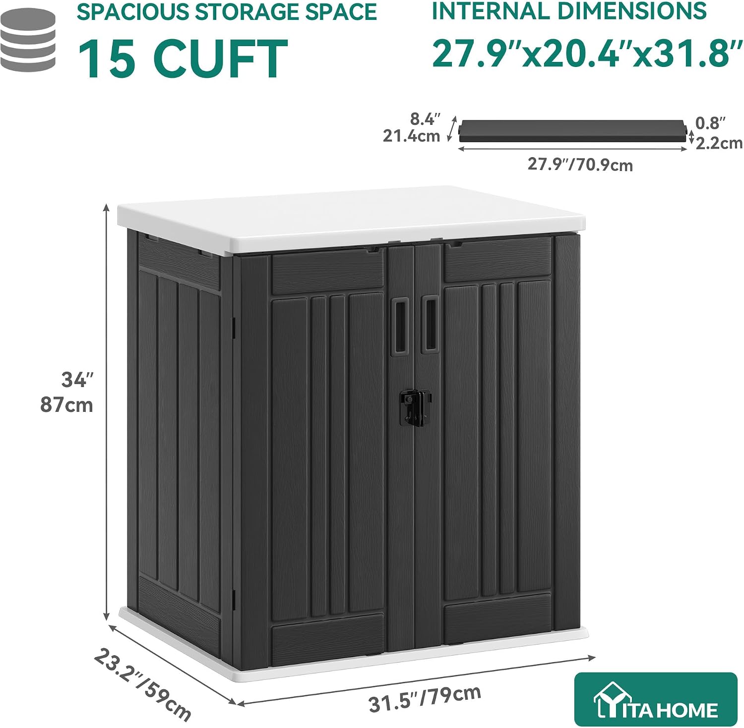 YITAHOME Outdoor Storage Cabinet with 2 Shelves, Waterproof Resin Horizontal Tool Shed, Lockable 15 cu. ft. Storage Shed for Patio, Garden, Yard, Dark Gray