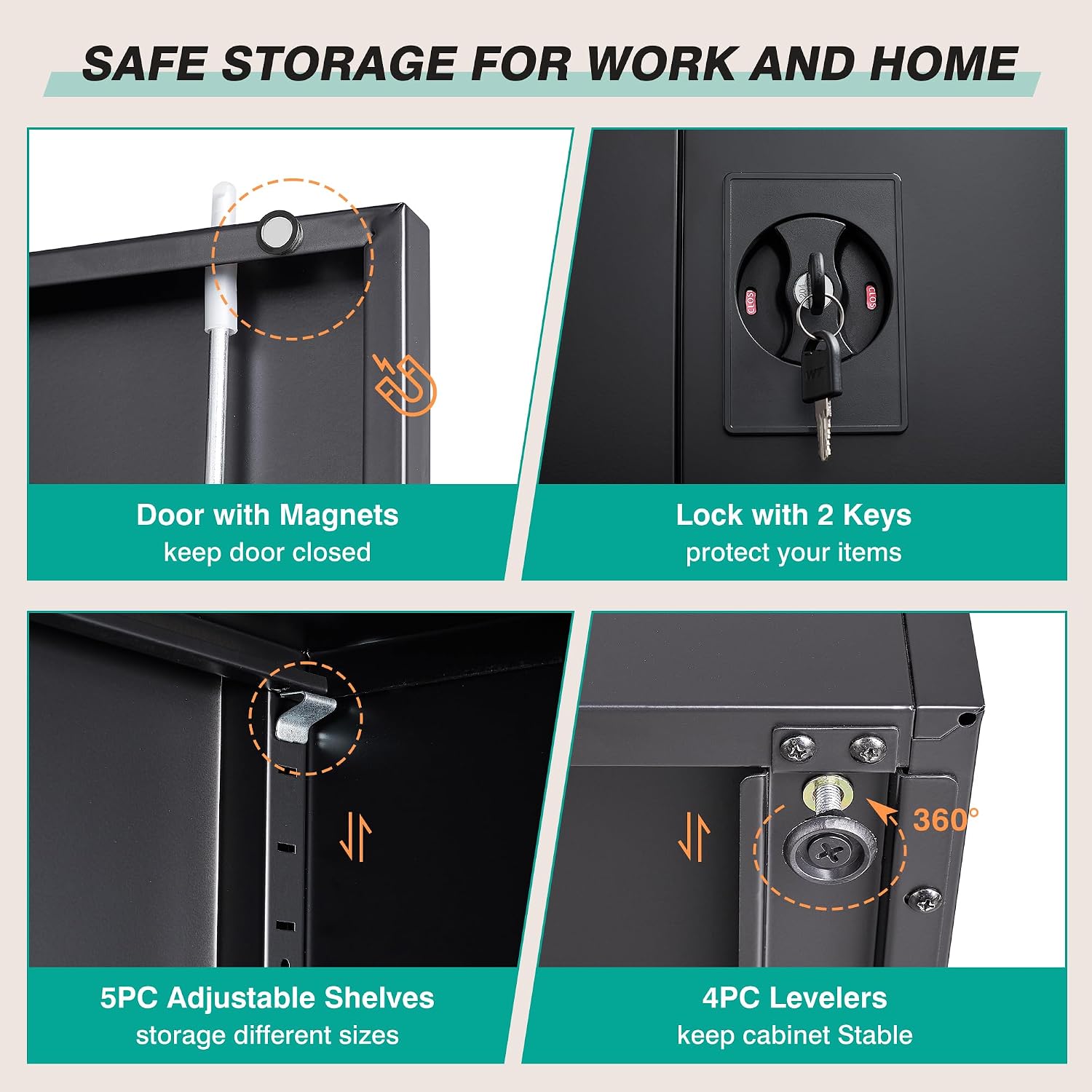 SISESOL Wide & Deep Metal Storage Cabinet with Lock & 5 Shelves,72' Black Garage Storage Cabinet with Locking Doors,Lockable Cabinets for Home,Office,Garage,Shop,Basement 72x36x18