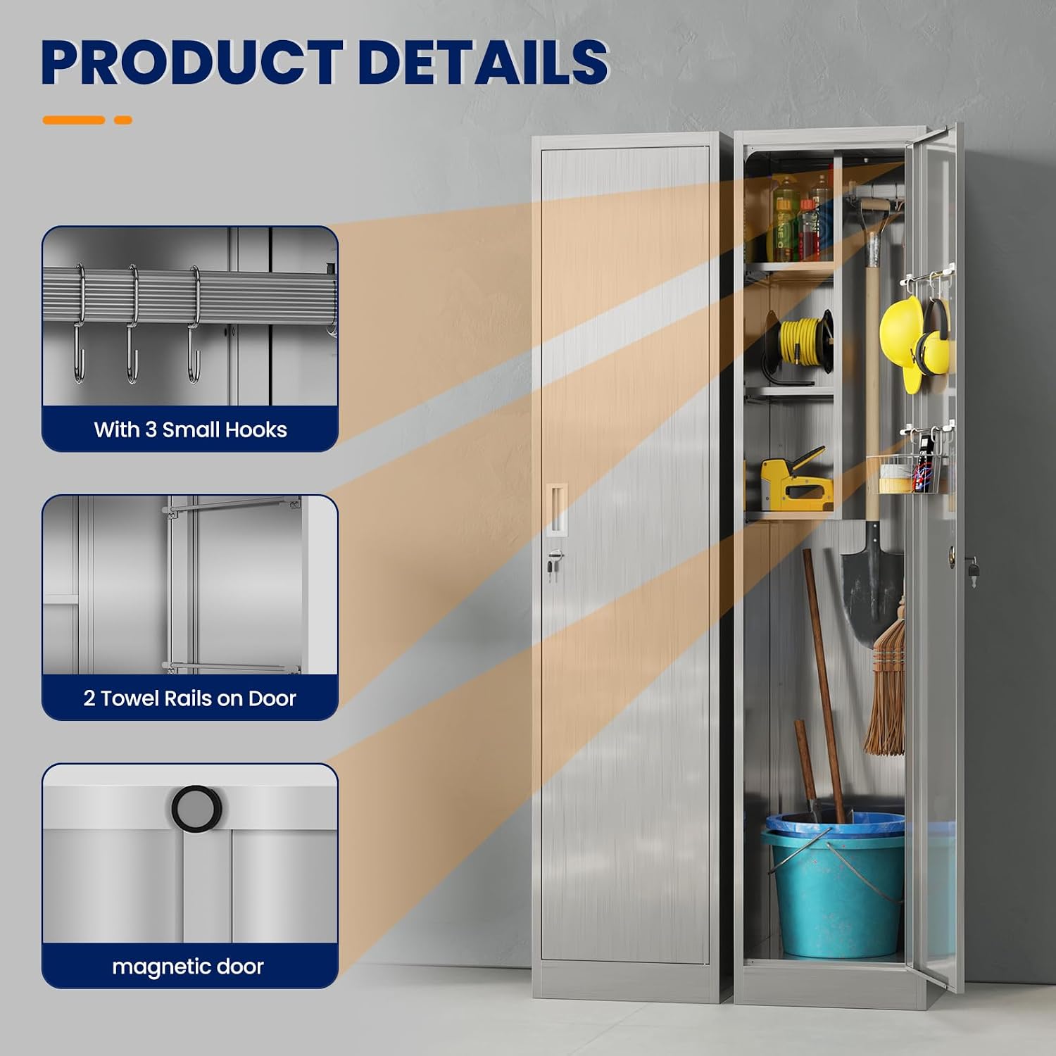 Yizosh Outdoor Storage Cabinet,Metal Broom Cloest Storage Cabinet with Locking Doors and Shelves,- 71 H Broom Closet with Hang Rods for Yard,Garden,Garage,Pation
