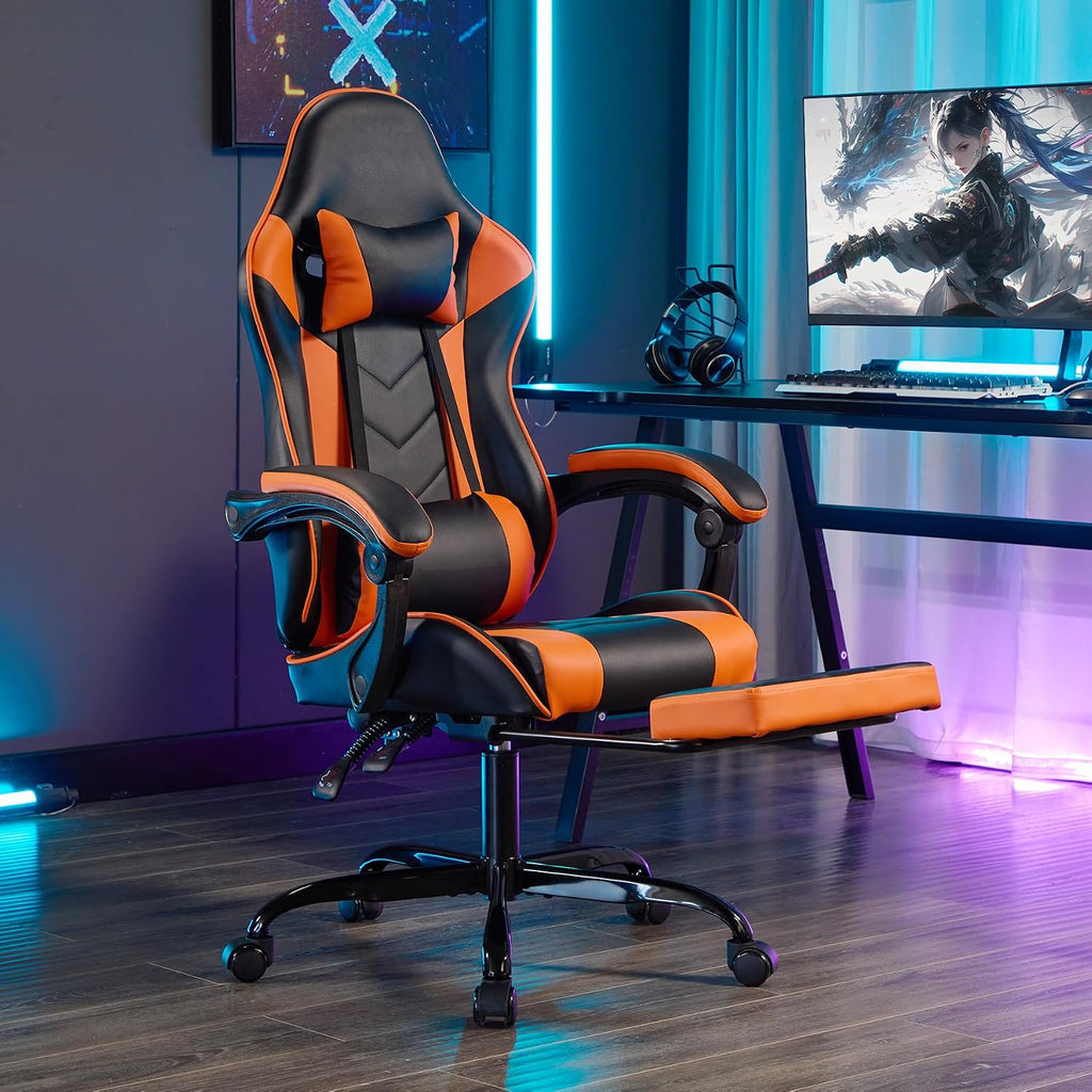 Gaming Chair with Footrest, Ergonomic Computer Chair with Headrest and Lumbar Support, Breathable Material Height Adjustable Swivel Video Game Chairs for Adults, 300lbs Max, Black & Orange