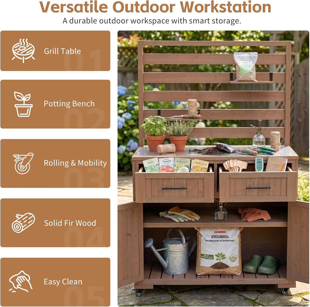 LUMISOL Garden Potting Bench Table with Stainless Table Top, 64.9'' H Solid Wood Garden Workstation with 3 Movable Shelves, Large Outdoor Kitchen Cart with 2 Drawers, for Patio Backyard, Brown